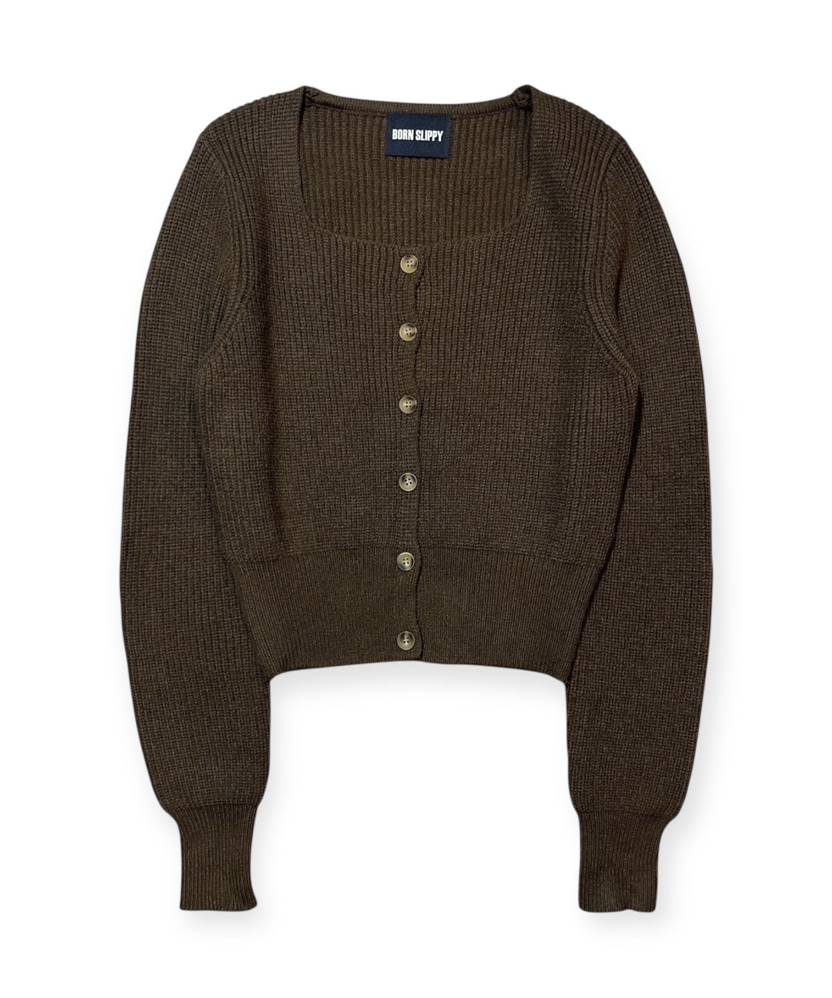 본슬리피(BORN SLIPPY) Soft Square Neck Crop Knit Cardigan (Khaki)