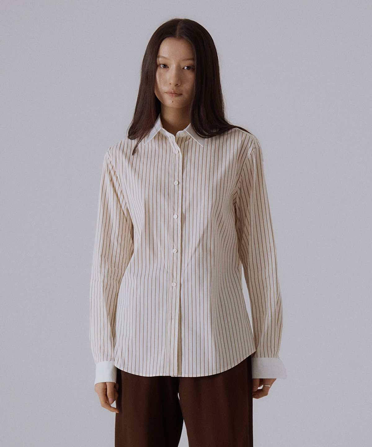 실른(SILN) Hidden button cuffs detail stripe shirt (BEIGE STRIPE)