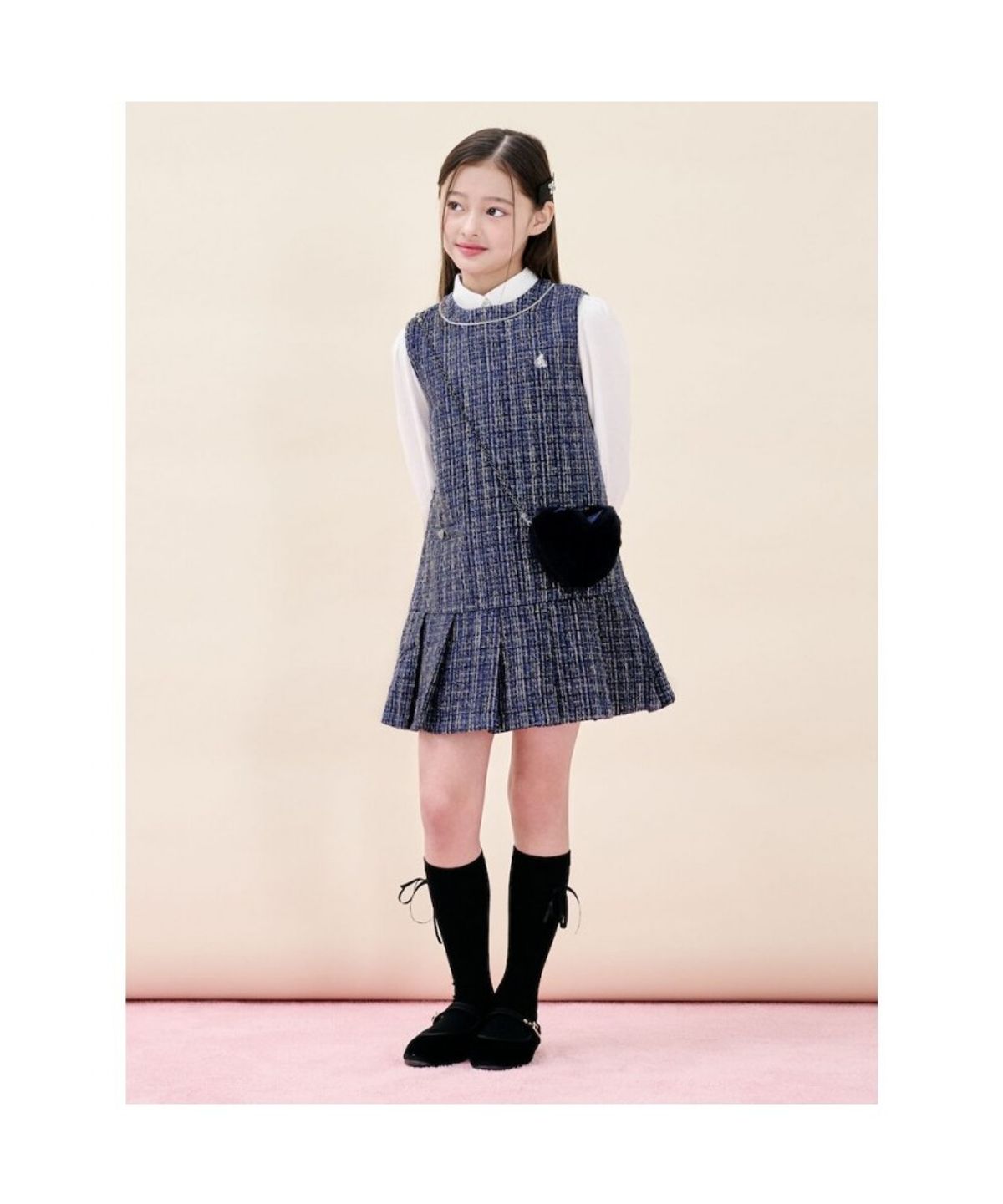 빈폴 키즈(BEANPOLE KIDS) [러블리 빙키 걸즈] 클래식 베스트형 트위드 원피스&퍼 가방 세트 - 네이비 (BI5X71G01R)