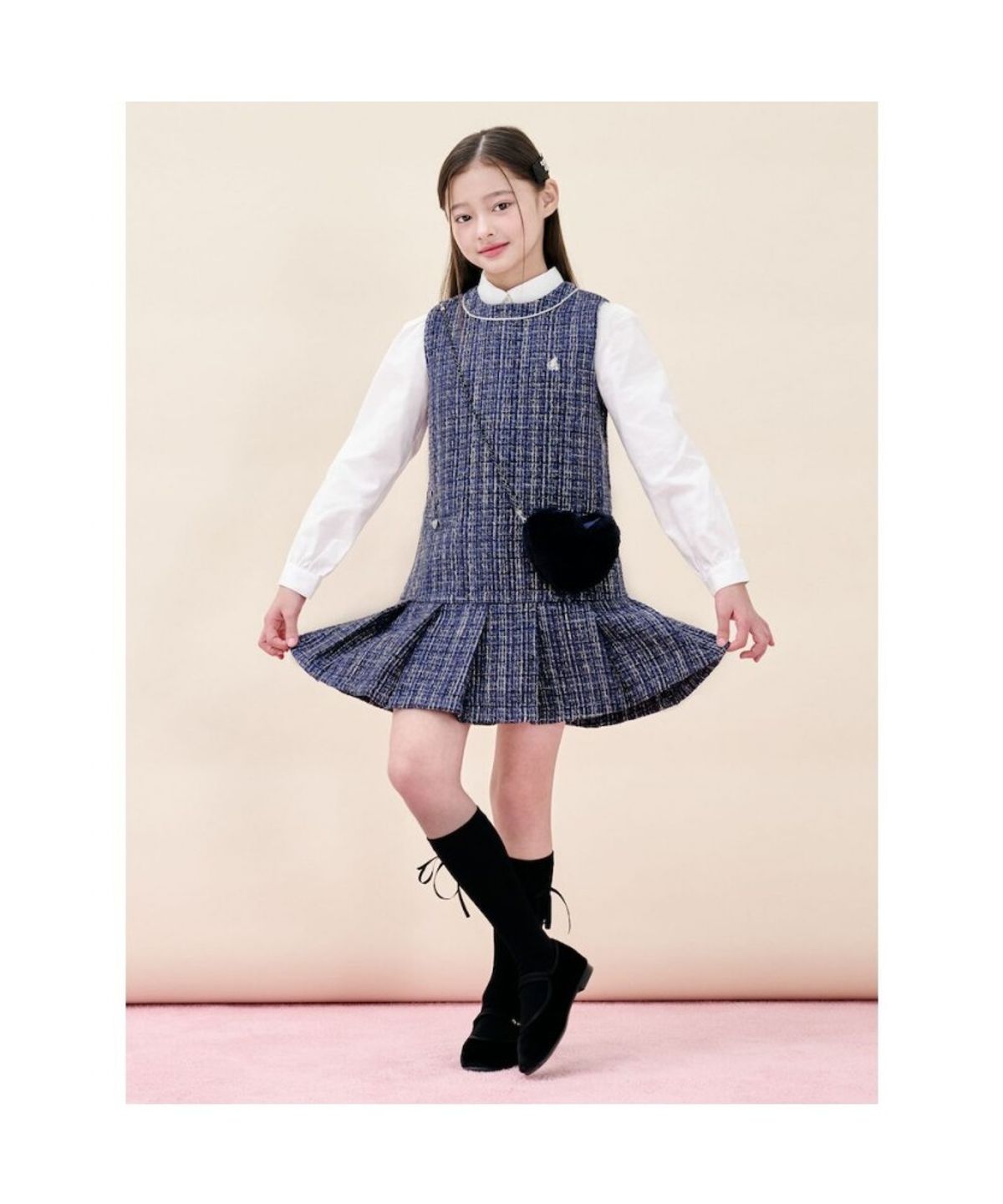 빈폴 키즈(BEANPOLE KIDS) [러블리 빙키 걸즈] 클래식 베스트형 트위드 원피스&퍼 가방 세트 - 네이비 (BI5X71G01R)