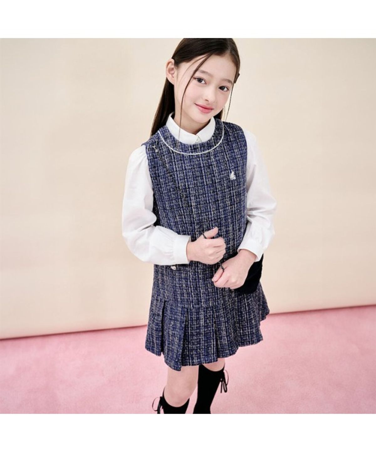 빈폴 키즈(BEANPOLE KIDS) [러블리 빙키 걸즈] 클래식 베스트형 트위드 원피스&퍼 가방 세트 - 네이비 (BI5X71G01R)
