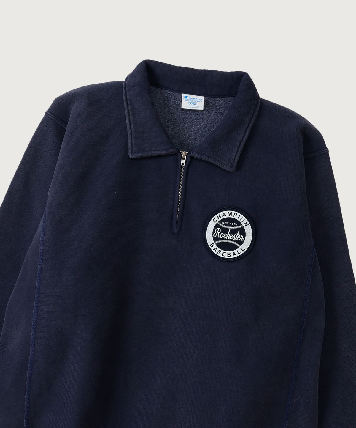 챔피온(CHAMPION) 리버스위브 BASEBALL 패치 레귤러핏 기모 하프 집업 Midnight Blue