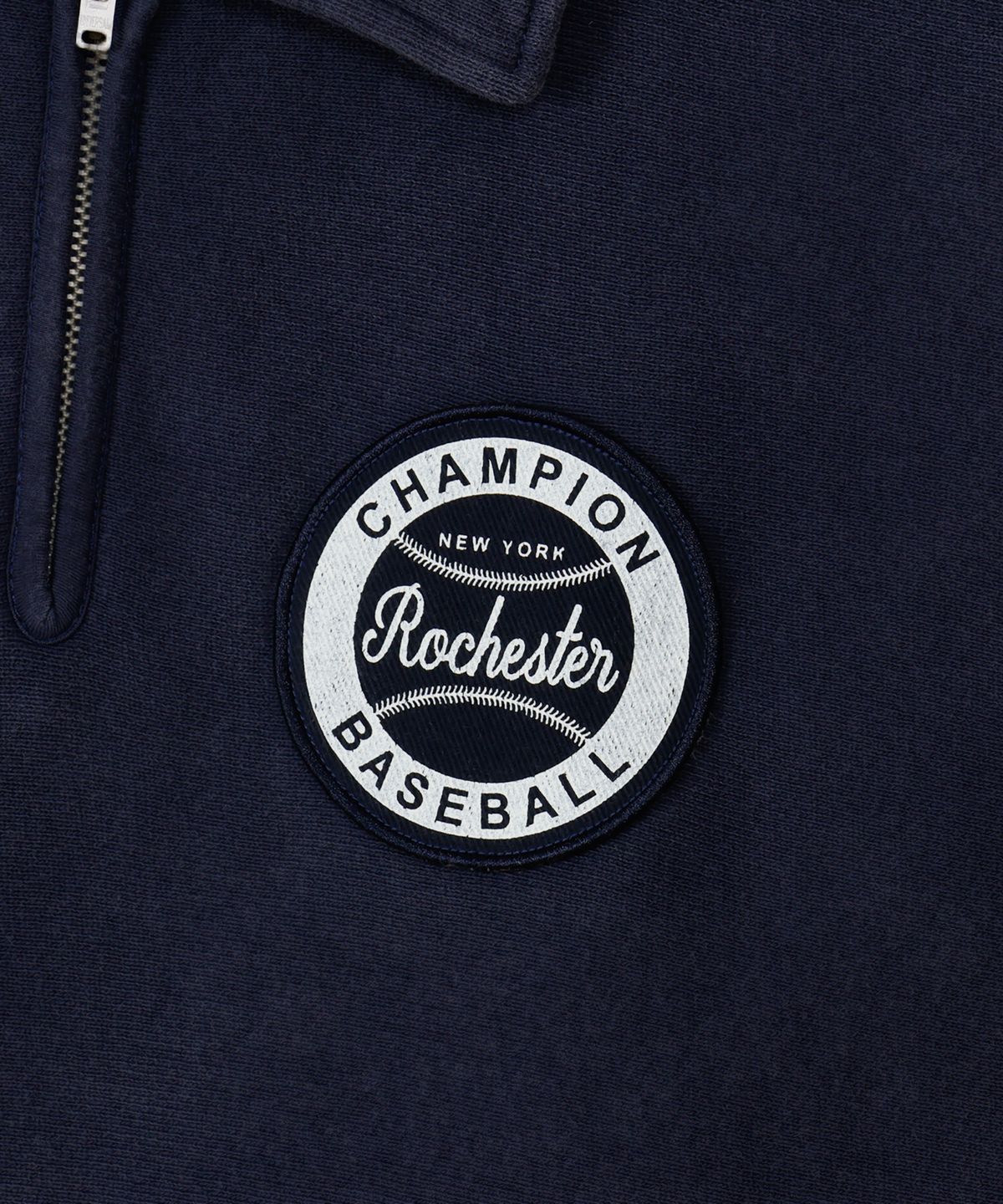 챔피온(CHAMPION) 리버스위브 BASEBALL 패치 레귤러핏 기모 하프 집업 Midnight Blue