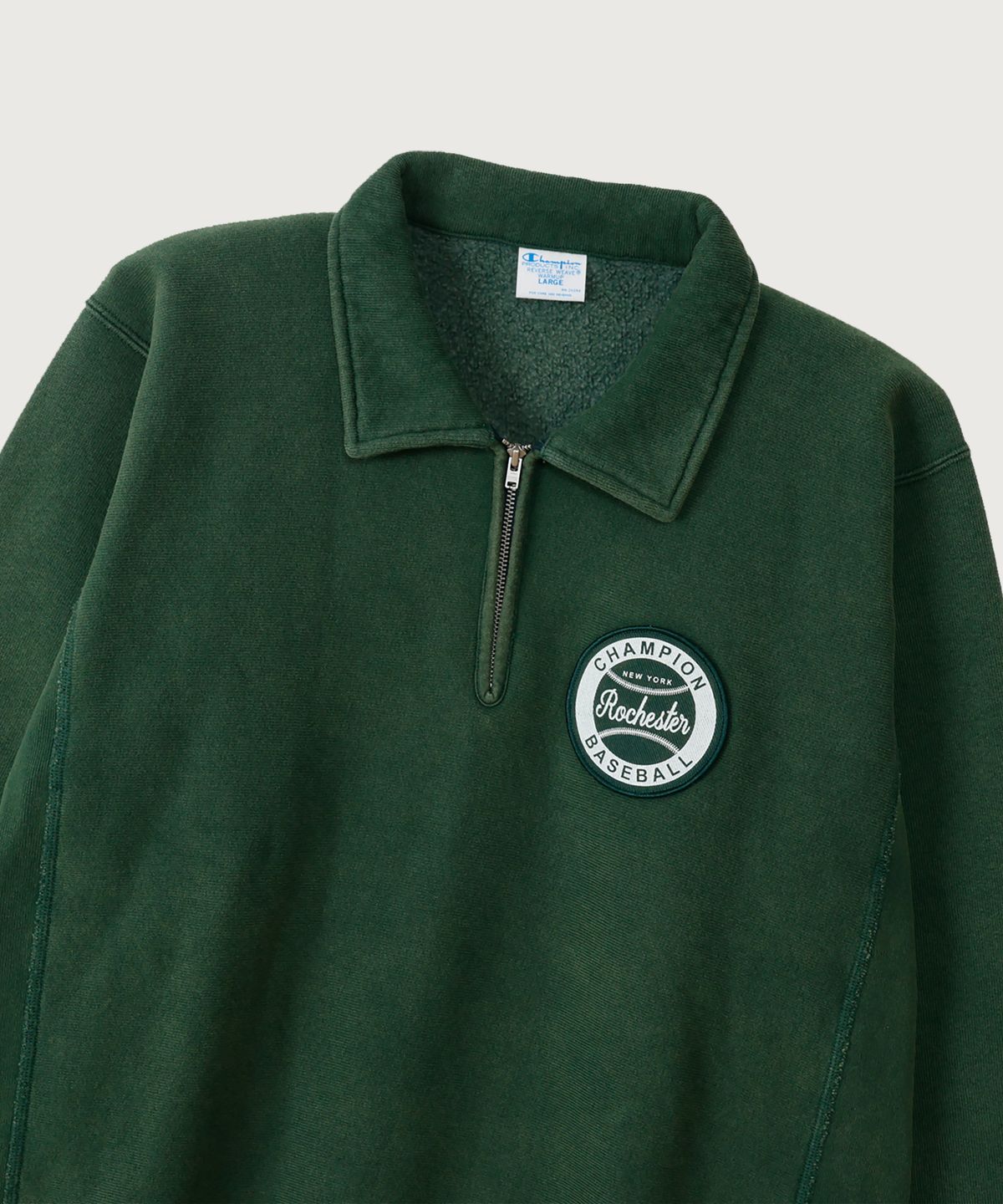 챔피온(CHAMPION) 리버스위브 BASEBALL 패치 레귤러핏 기모 하프 집업 Deep Green
