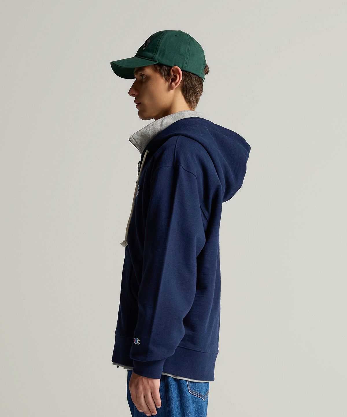 챔피온(CHAMPION) 헤리티지 로고 루즈핏 후드 집업 Navy