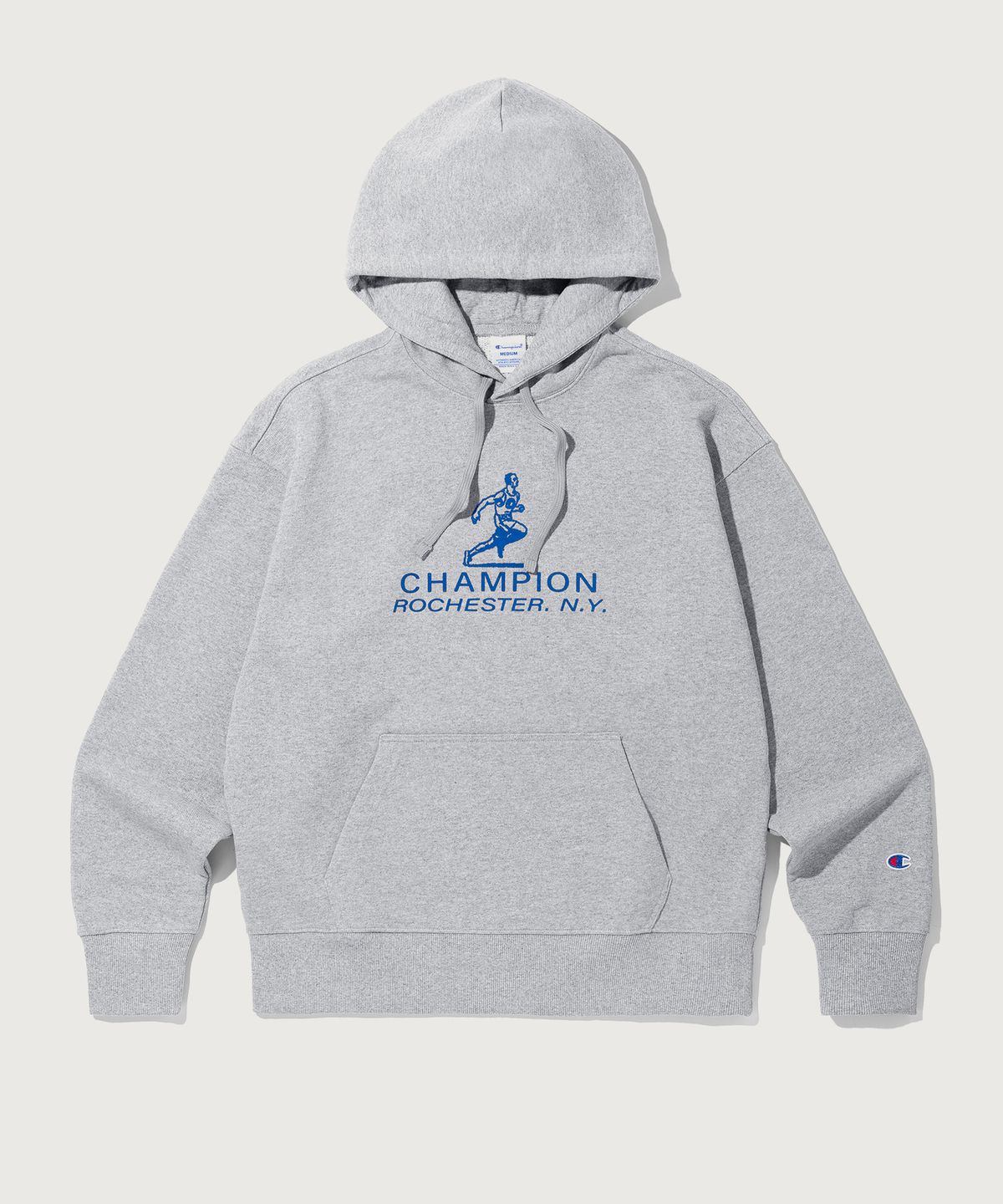 챔피온(CHAMPION) 그래픽 로고 루즈핏 후드 티셔츠 Grey