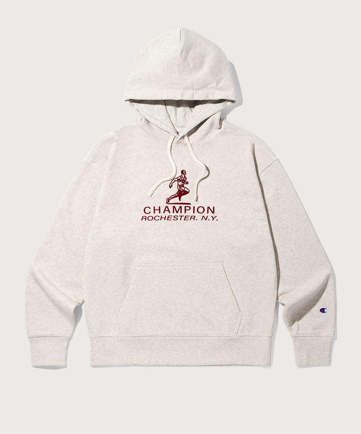 챔피온(CHAMPION) 그래픽 로고 루즈핏 후드 티셔츠 Oatmeal