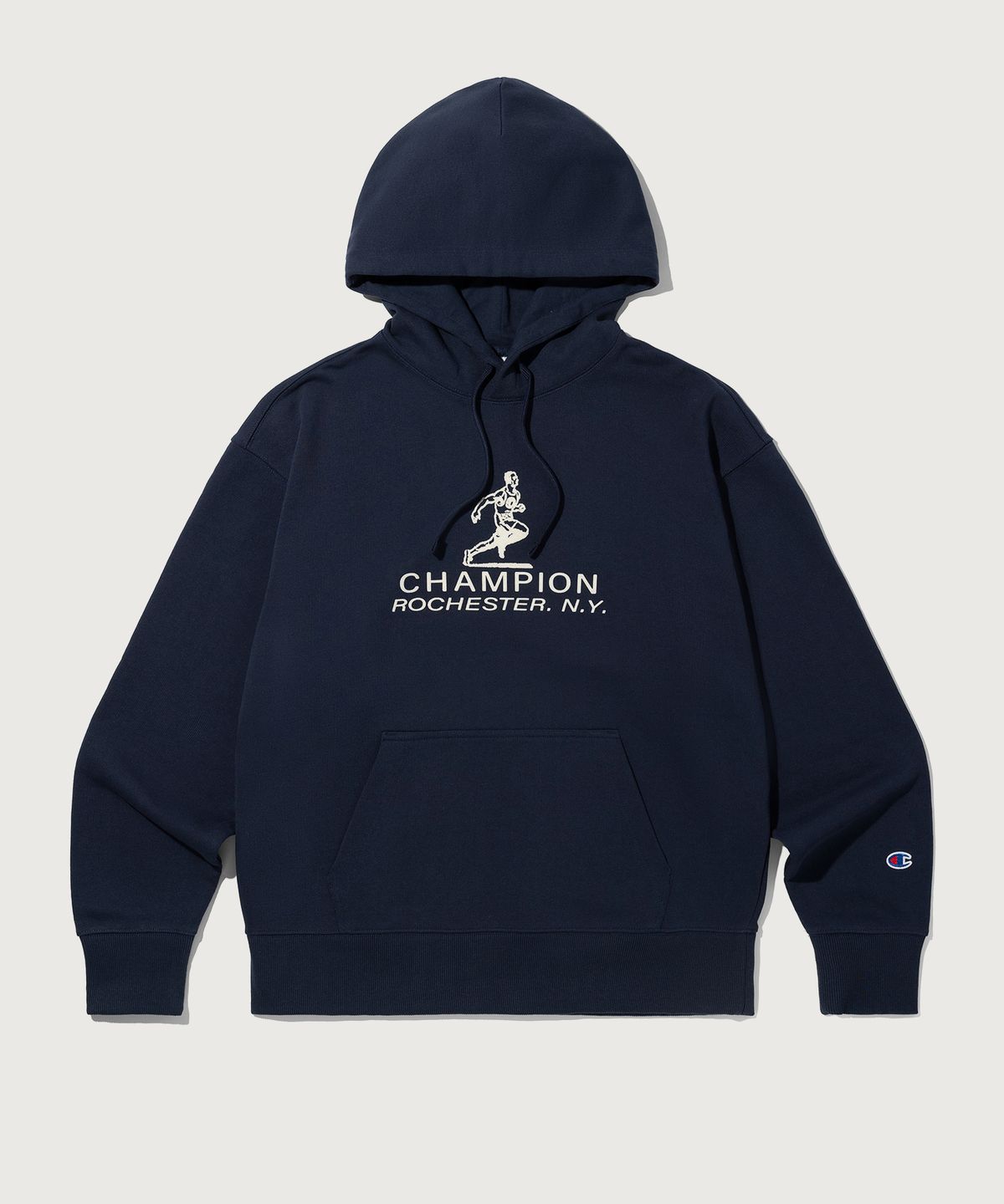 챔피온(CHAMPION) 그래픽 로고 루즈핏 후드 티셔츠 Navy