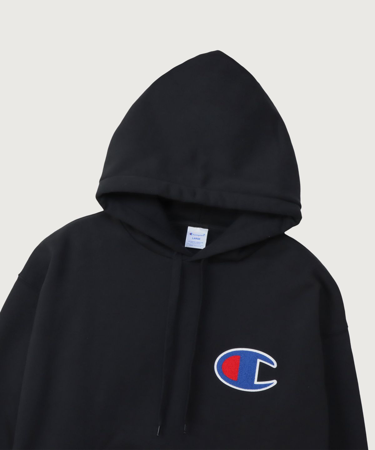 챔피온(CHAMPION) 빅 C로고 오버핏 조그택 후드 티셔츠 Black