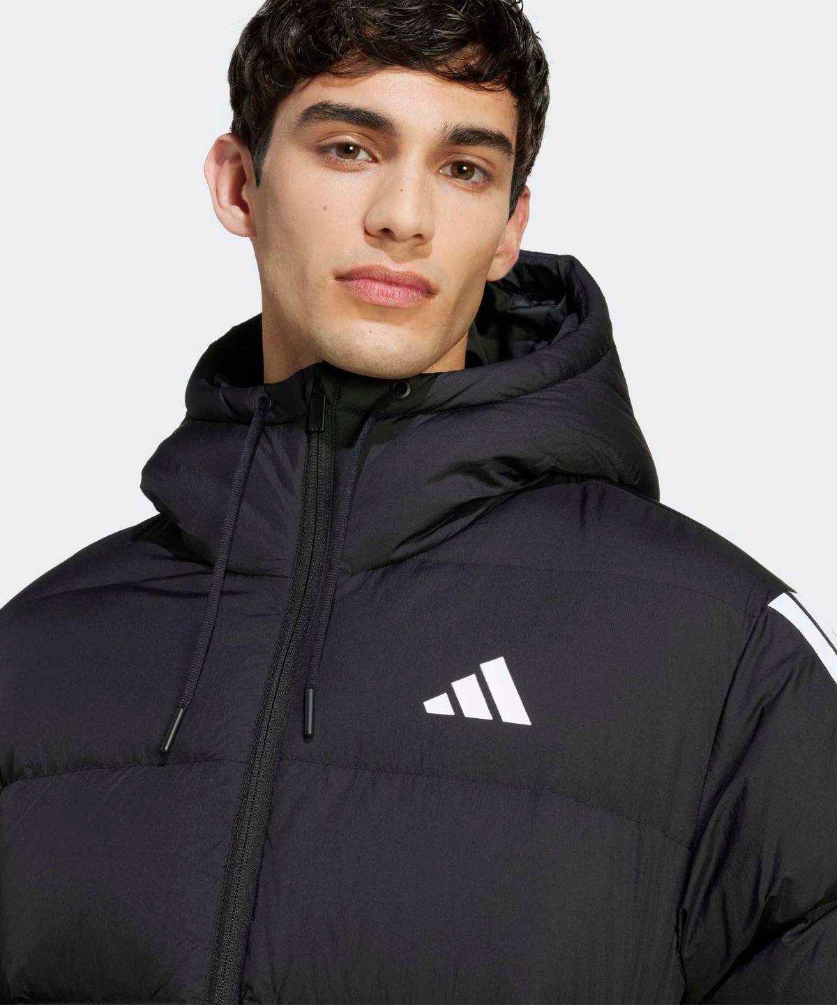 아디다스(ADIDAS) 클라이마웜 3-스트라이프 푸퍼 다운 후드 재킷 - 블랙 / JM4165