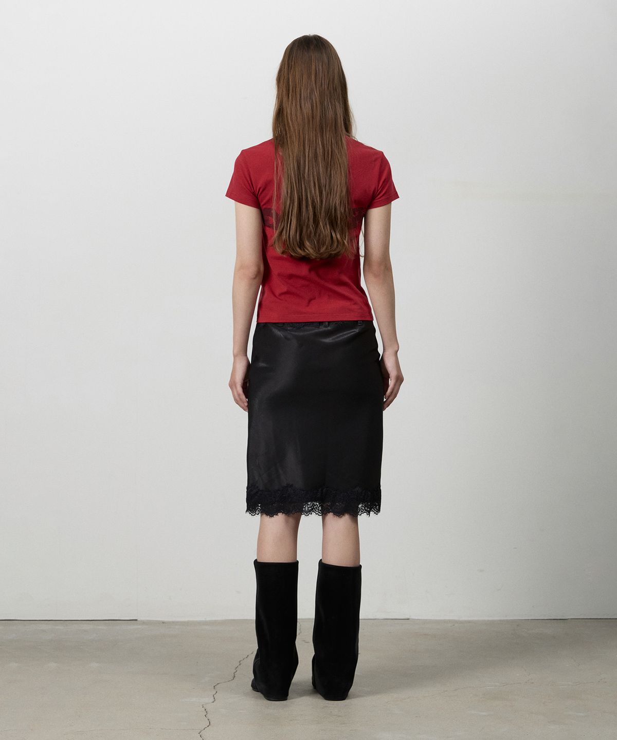 쓰리투에이티(THREE TO EIGHTY) LACE MIDI SKIRT BLACK