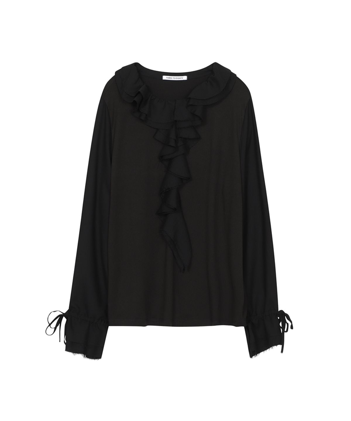 쓰리투에이티(THREE TO EIGHTY) RUCHED FRINGE BLOUSE BLACK