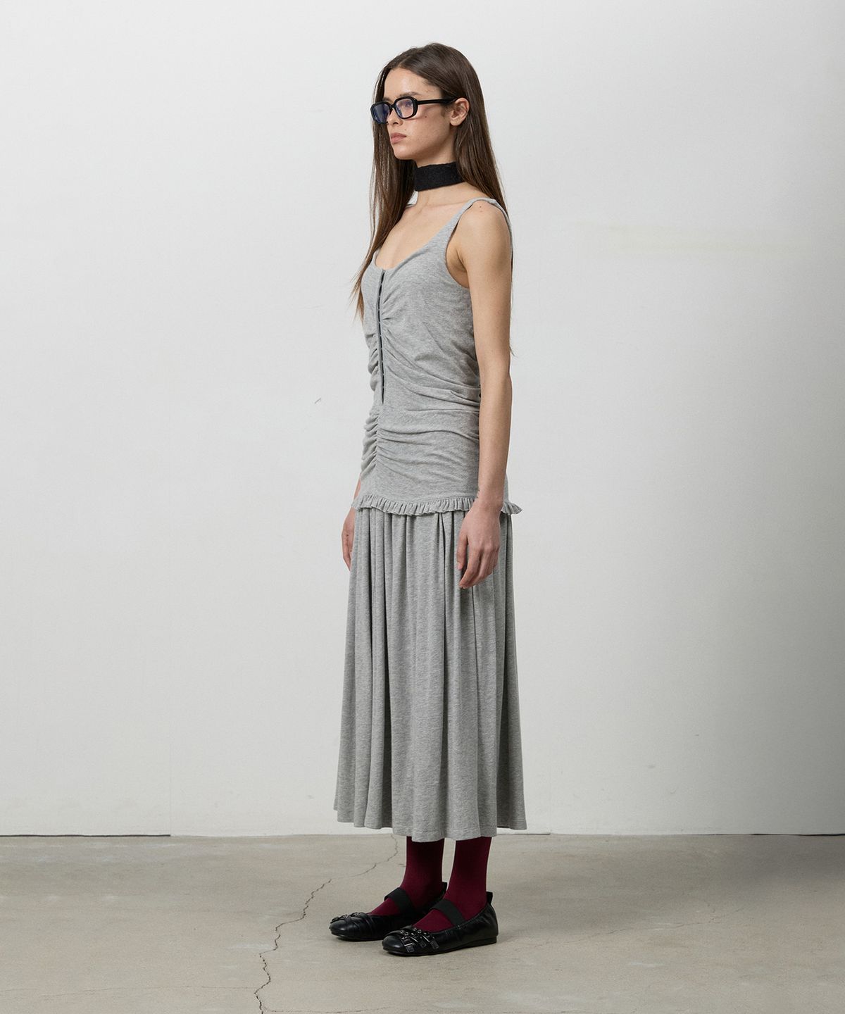 쓰리투에이티(THREE TO EIGHTY) RUCHED SNAP PANEL DRESS M.GREY