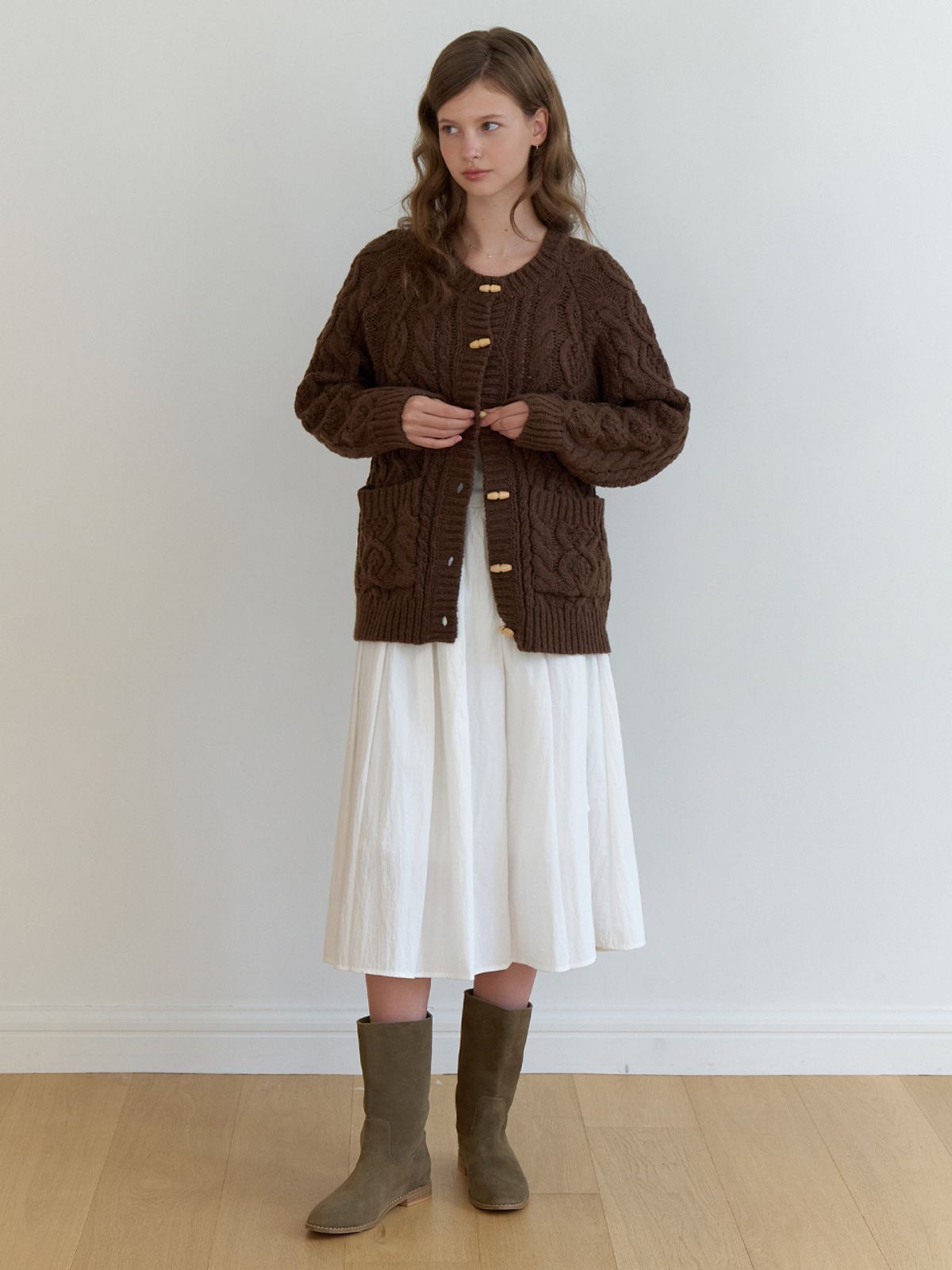 리엘(RE L) Chocolat cable cardigan (brown)