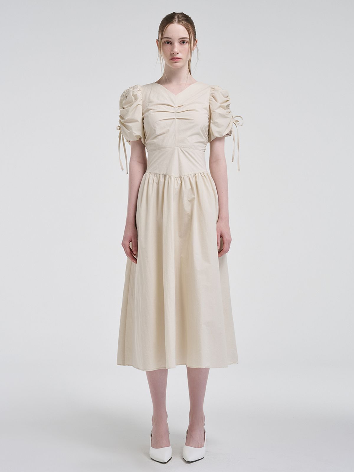 에트몽(ETMON) [리퍼브 특가] Front Tuck Shirring Dress, Light Beige