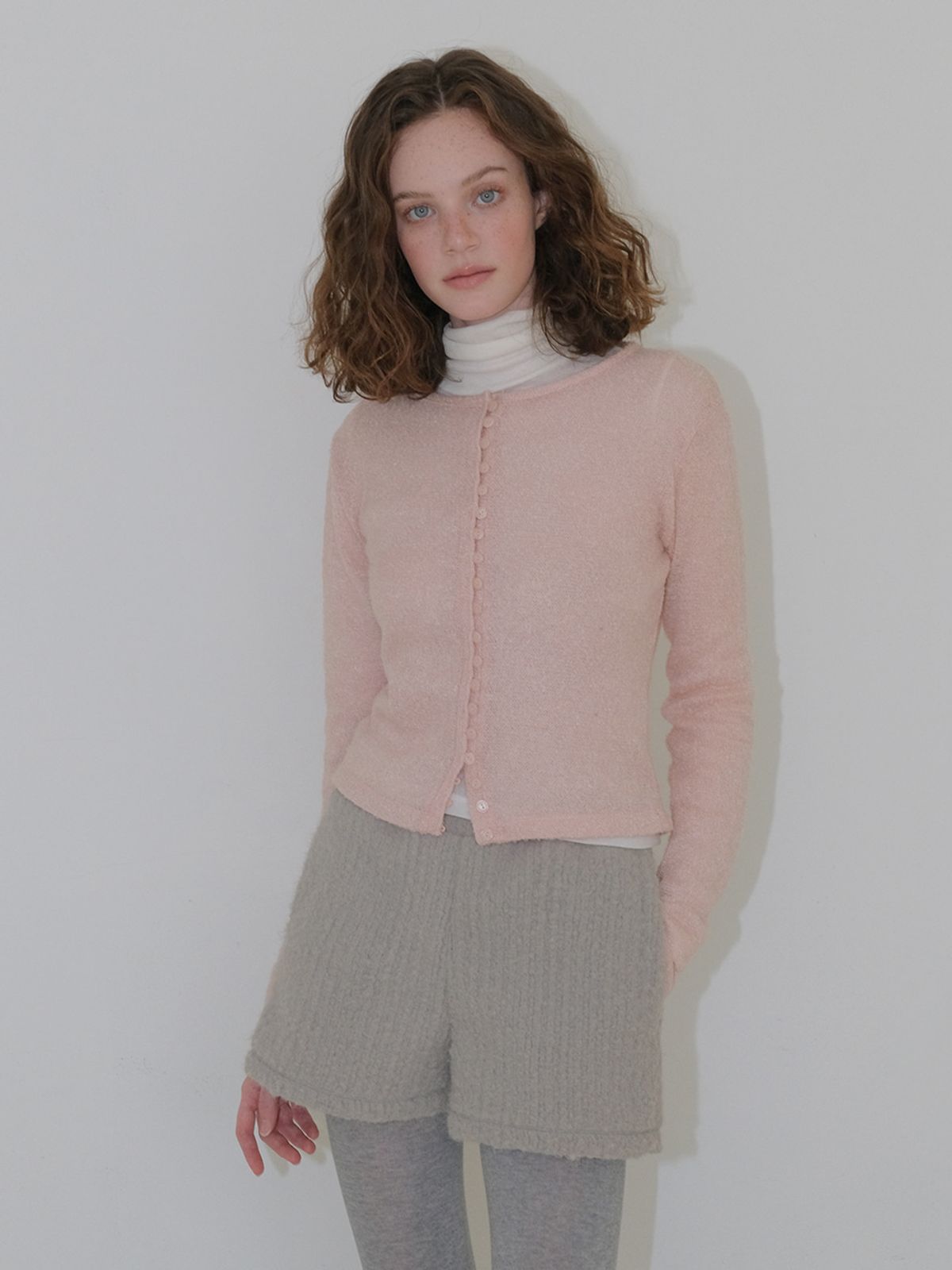 에트몽(ETMON) Boucle Round Cardigan, Light Pink