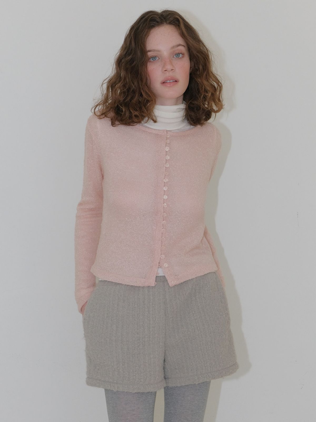 에트몽(ETMON) Boucle Round Cardigan, Light Pink