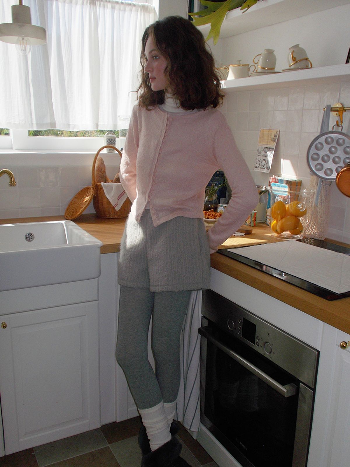 에트몽(ETMON) Boucle Round Cardigan, Light Pink
