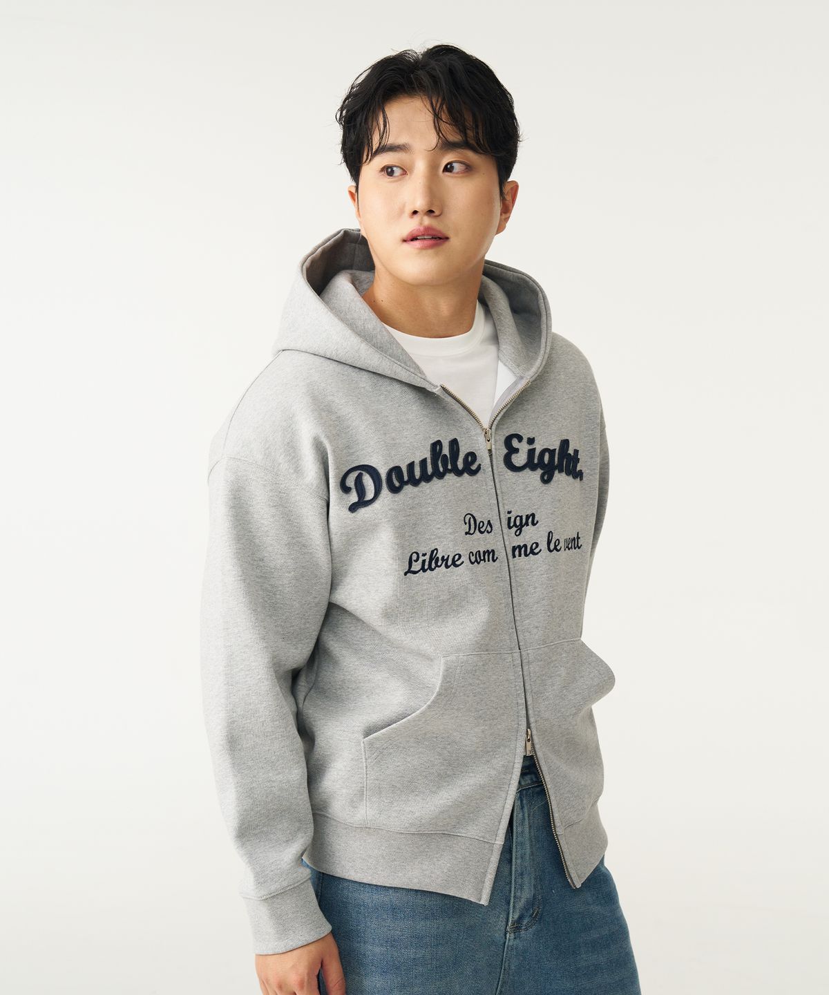 더블에잇(DOUBLE EIGHT) 아플리케 로고 후드집업 (그레이)