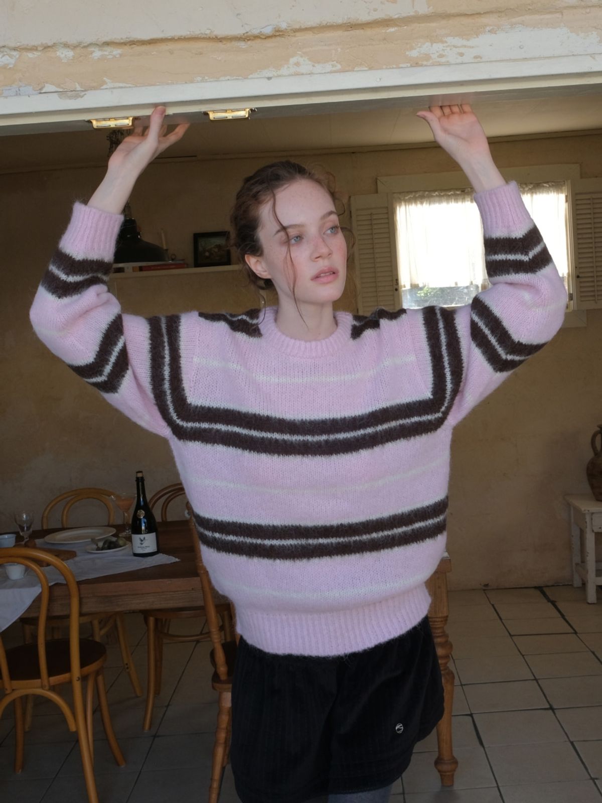 에트몽(ETMON) Brush Stripe Knit Pullover, Pink