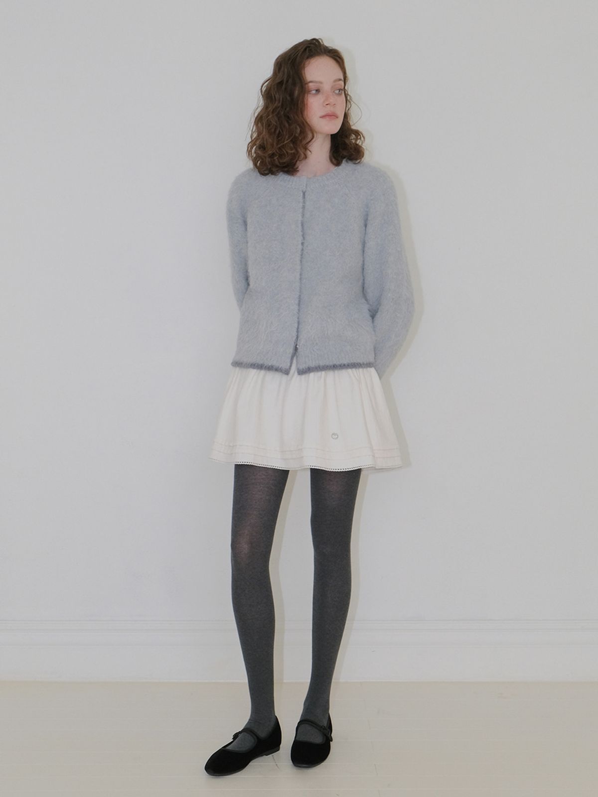 에트몽(ETMON) Hairy Yarn Knit Cardigan, Greyish Blue