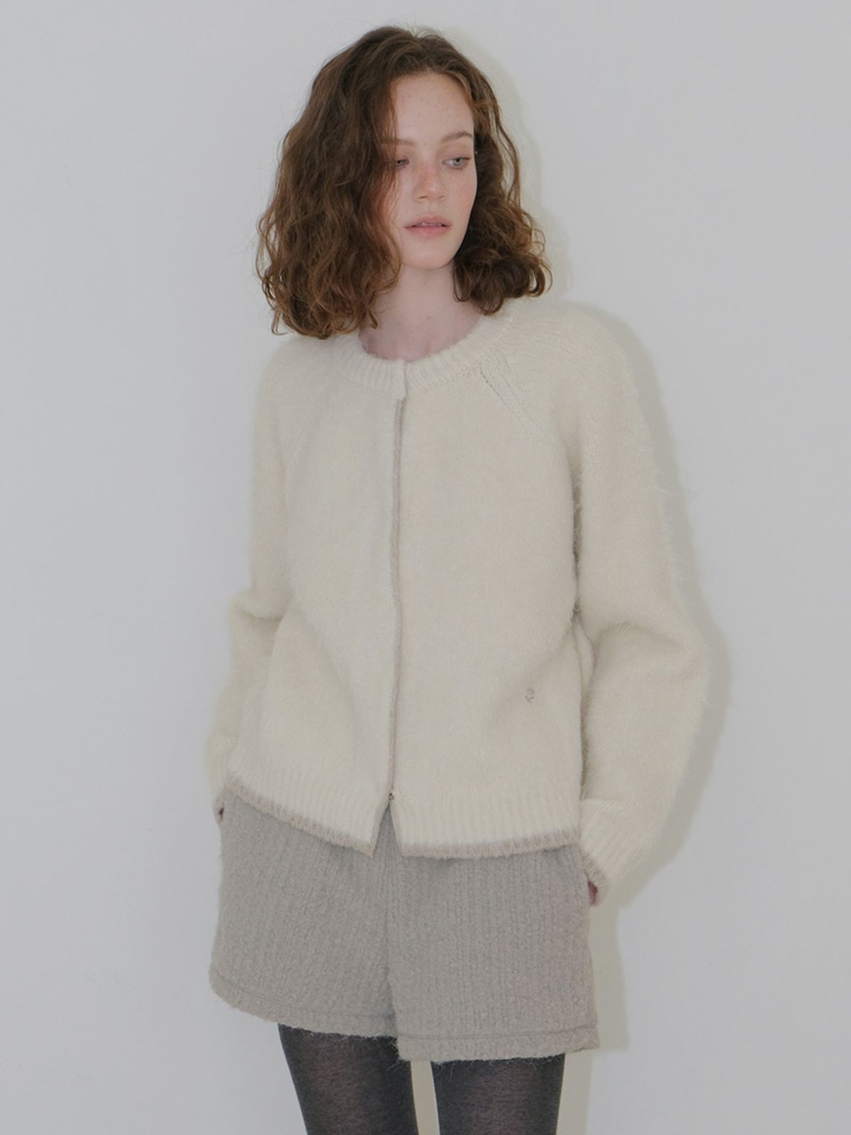 에트몽(ETMON) Hairy Yarn Knit Cardigan, Cream