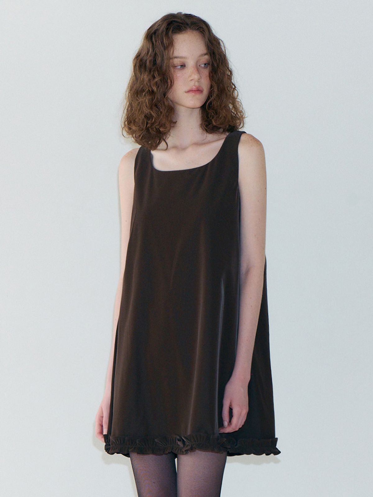에트몽(ETMON) Frill Sleeveless Mini Dress, Brown