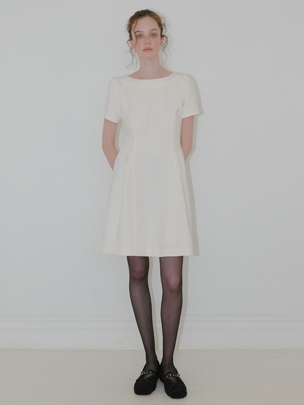 에트몽(ETMON) Shirring Flare Mini Dress, Ivory