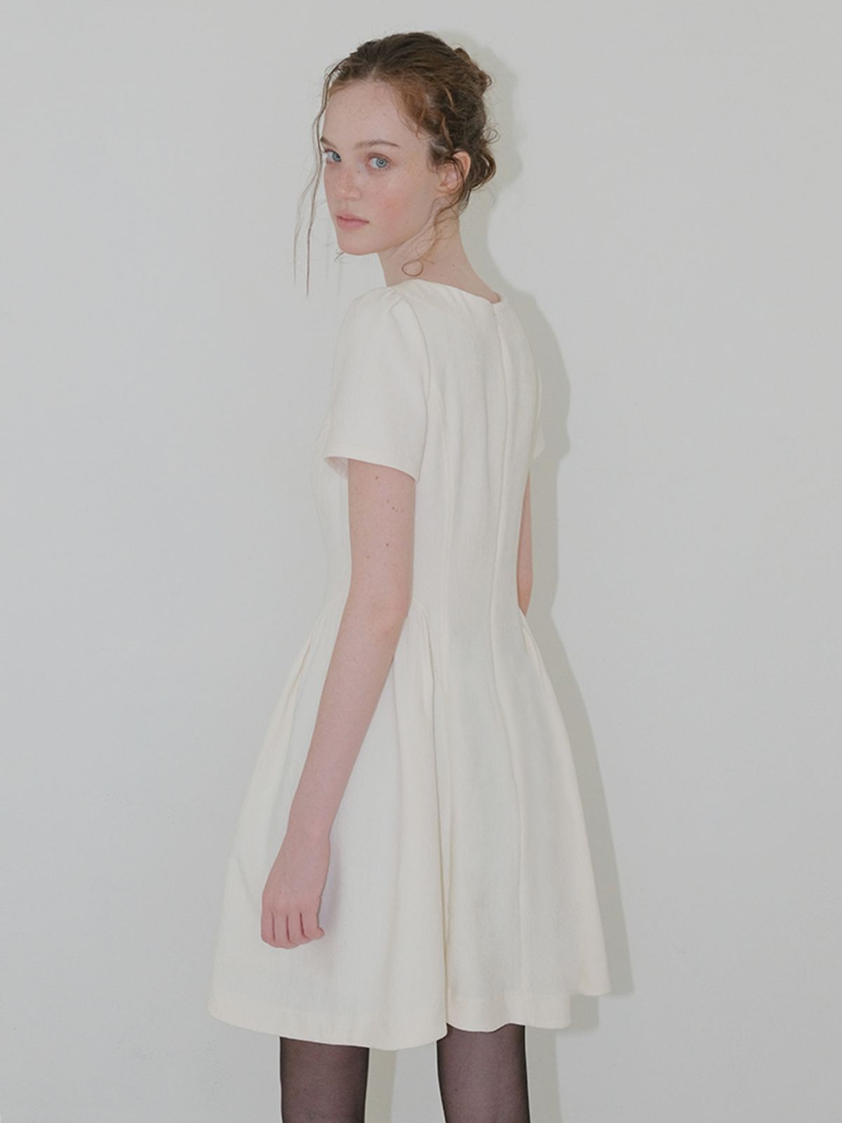 에트몽(ETMON) Shirring Flare Mini Dress, Ivory