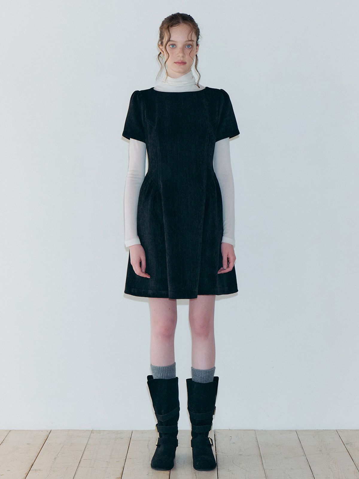 에트몽(ETMON) Shirring Flare Mini Dress, Black