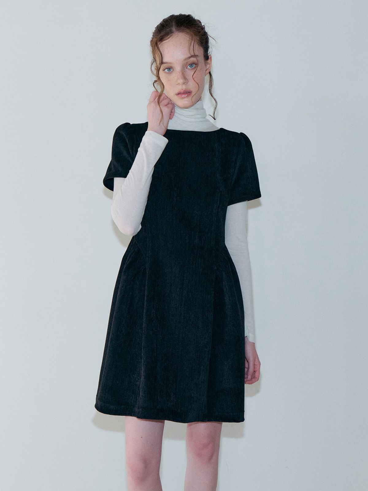 에트몽(ETMON) Shirring Flare Mini Dress, Black