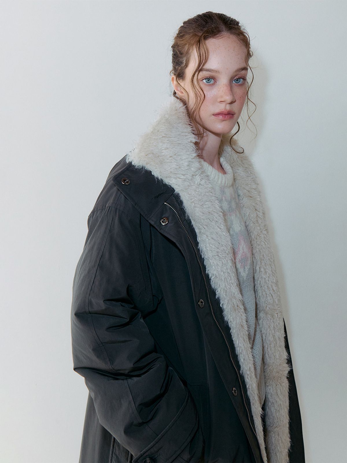 에트몽(ETMON) Belt Fur Padded Coat, Charcoal