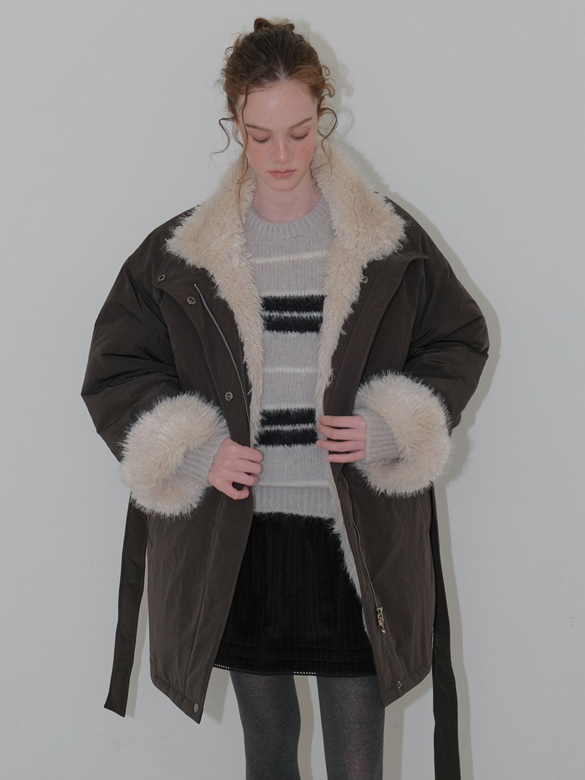 에트몽(ETMON) Belt Fur Padded Coat, Charcoal