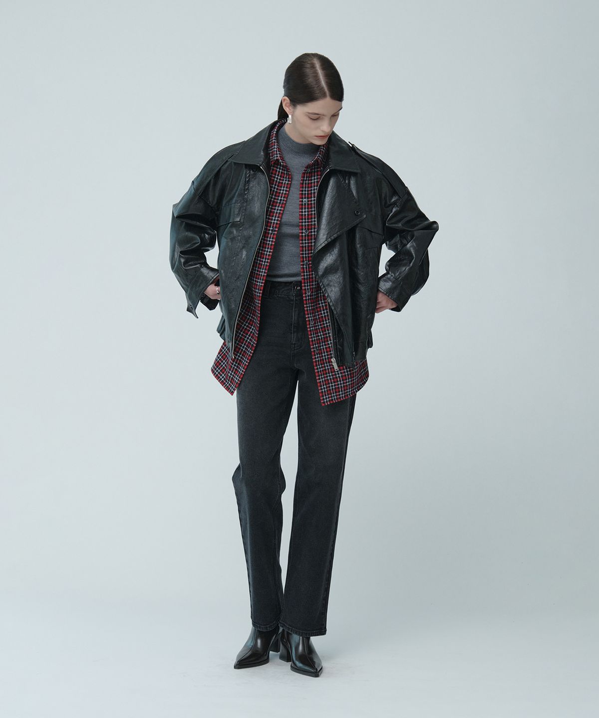 뮤제(MUSEE) MADRID Oversize Leather Rider Jacket_Dark Black