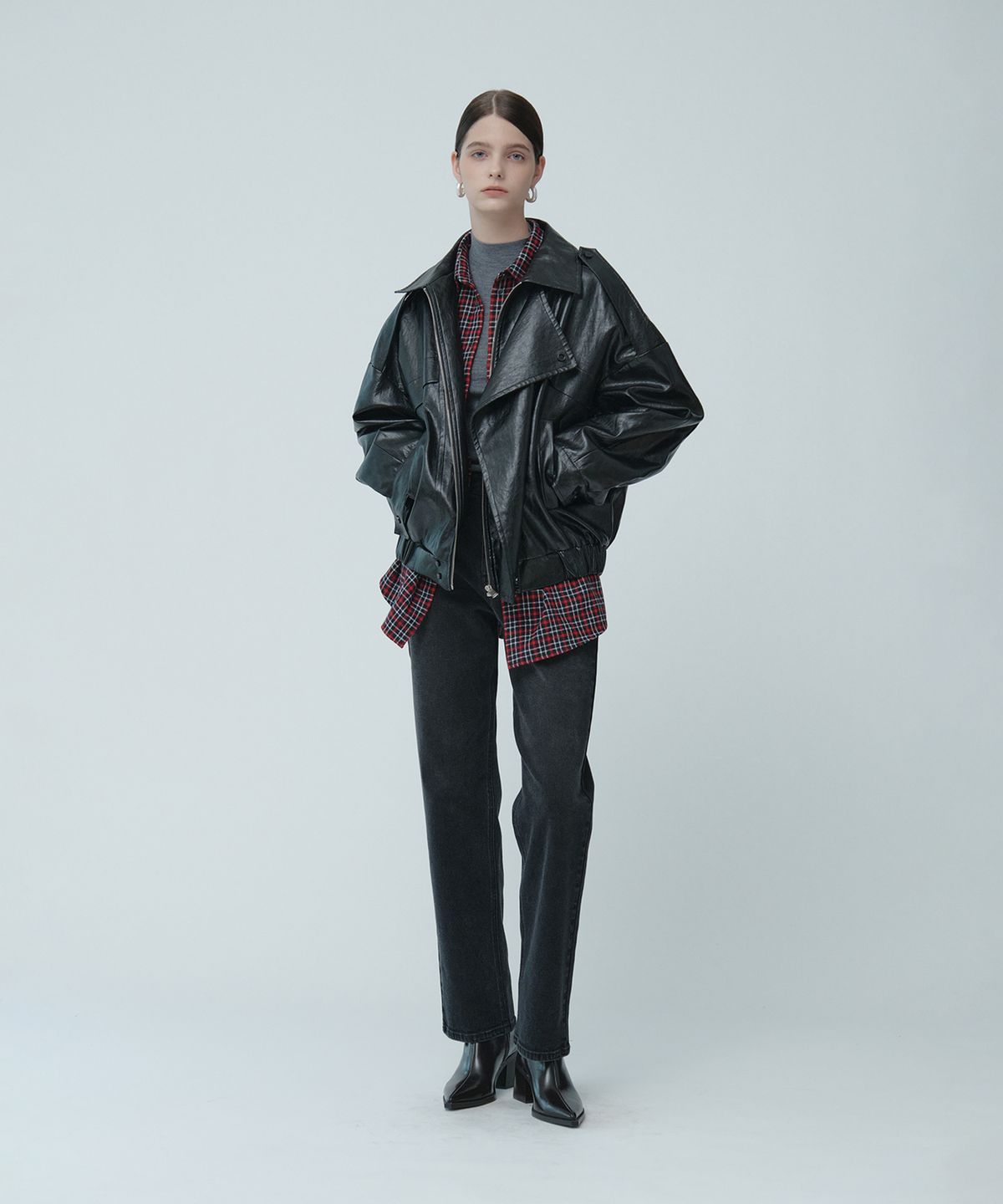 뮤제(MUSEE) MADRID Oversize Leather Rider Jacket_Dark Black