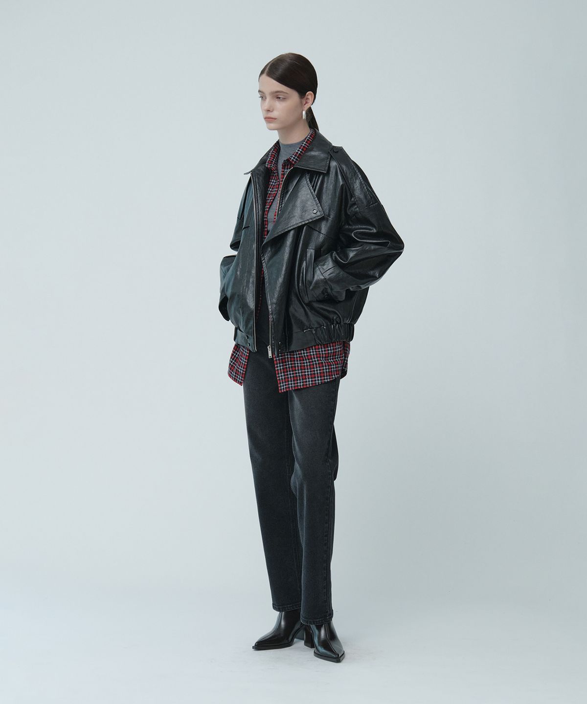 뮤제(MUSEE) MADRID Oversize Leather Rider Jacket_Dark Black
