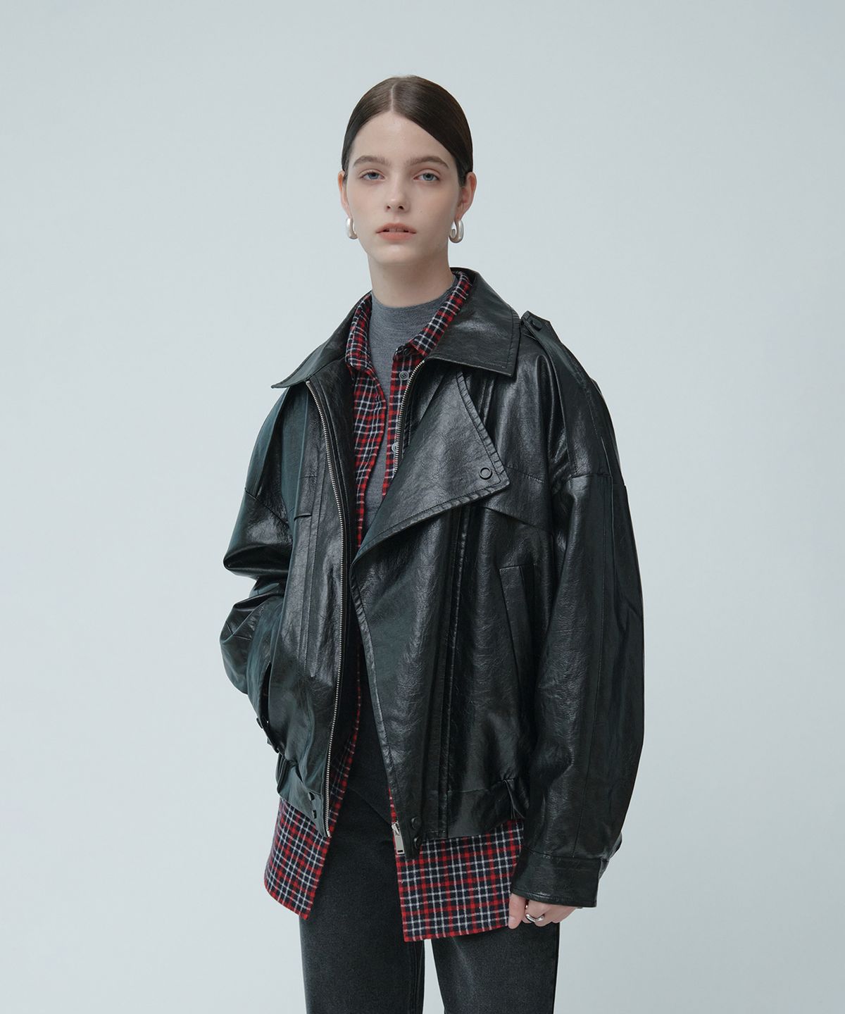 뮤제(MUSEE) MADRID Oversize Leather Rider Jacket_Dark Black