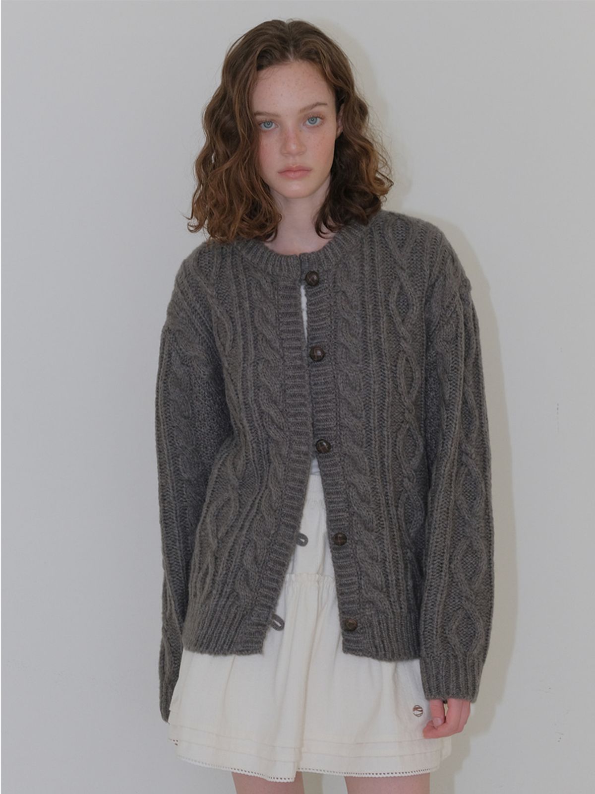 에트몽(ETMON) Cable Button Knit Cardigan, Charcoal