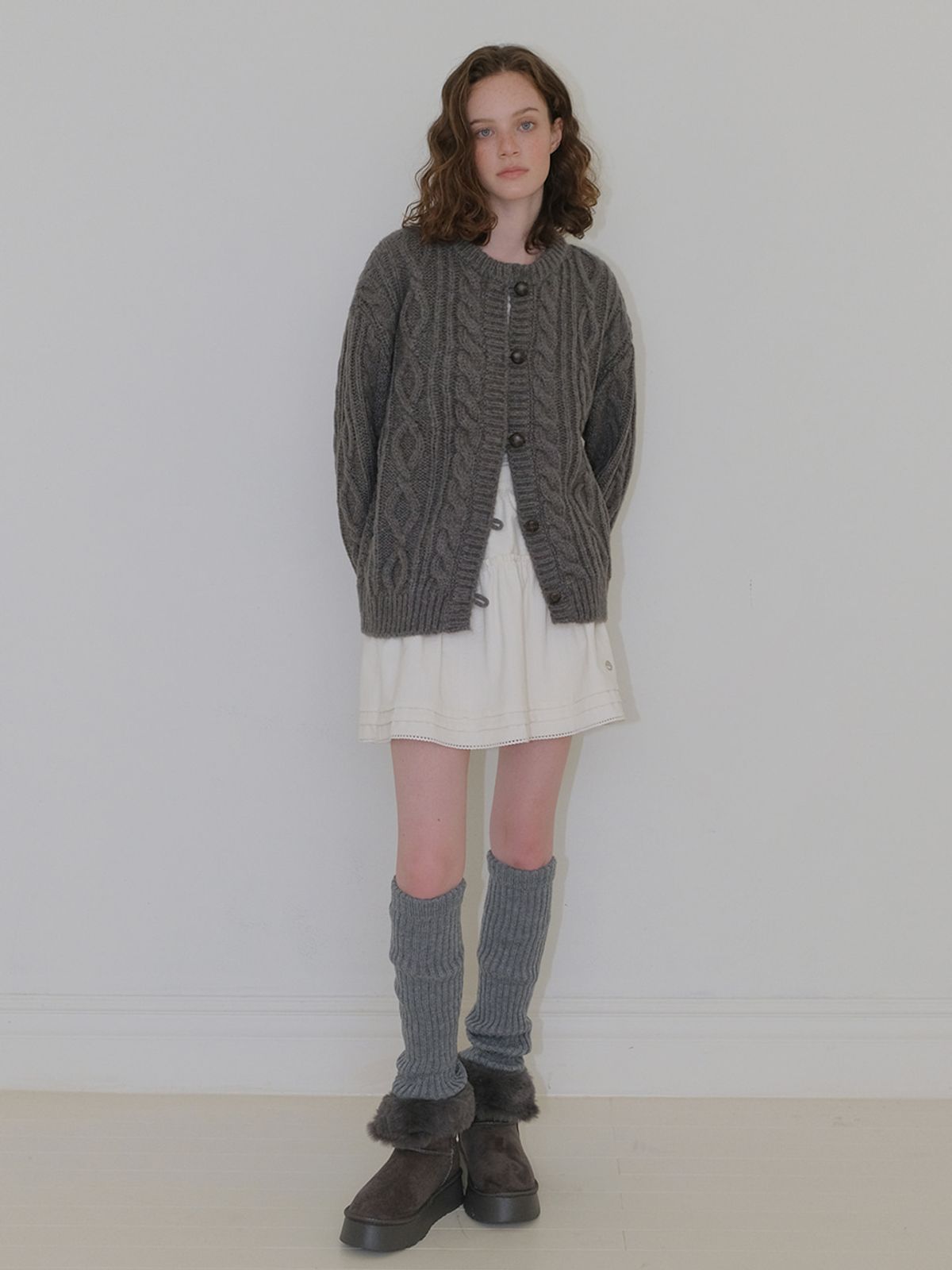 에트몽(ETMON) Cable Button Knit Cardigan, Charcoal