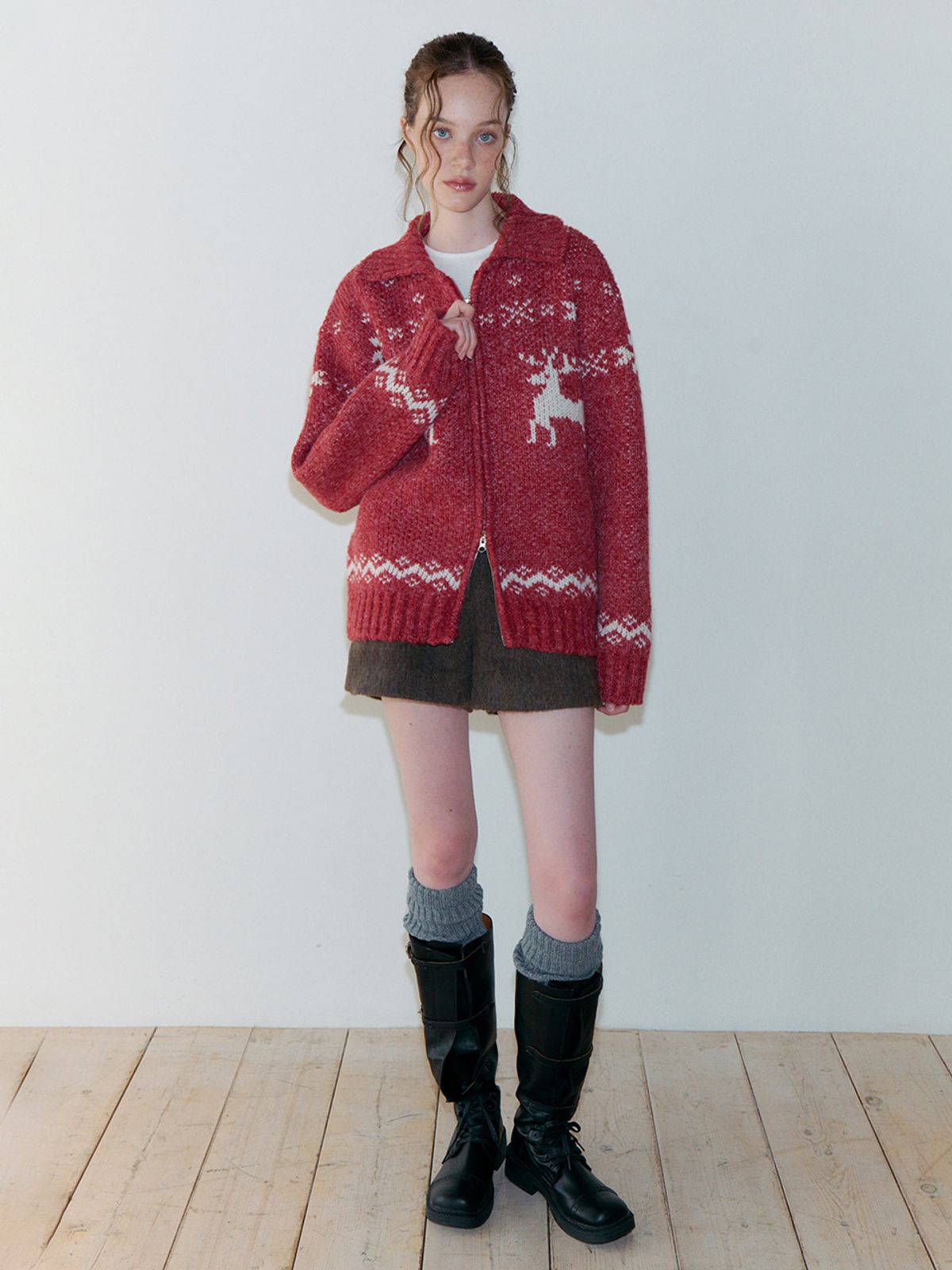 에트몽(ETMON) Deer Zip-Up Cardigan, Red