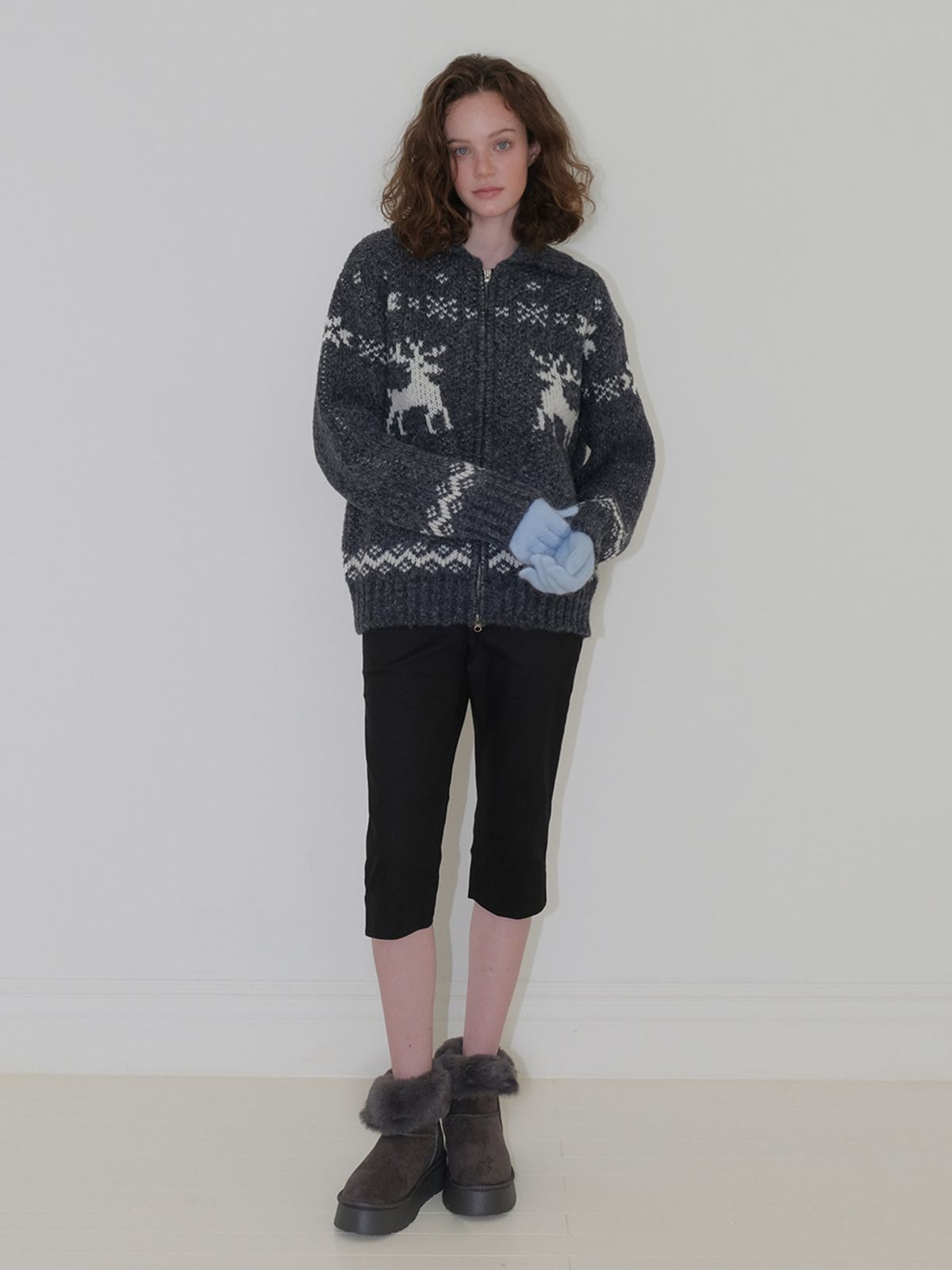 에트몽(ETMON) Deer Zip-Up Cardigan, Charcoal
