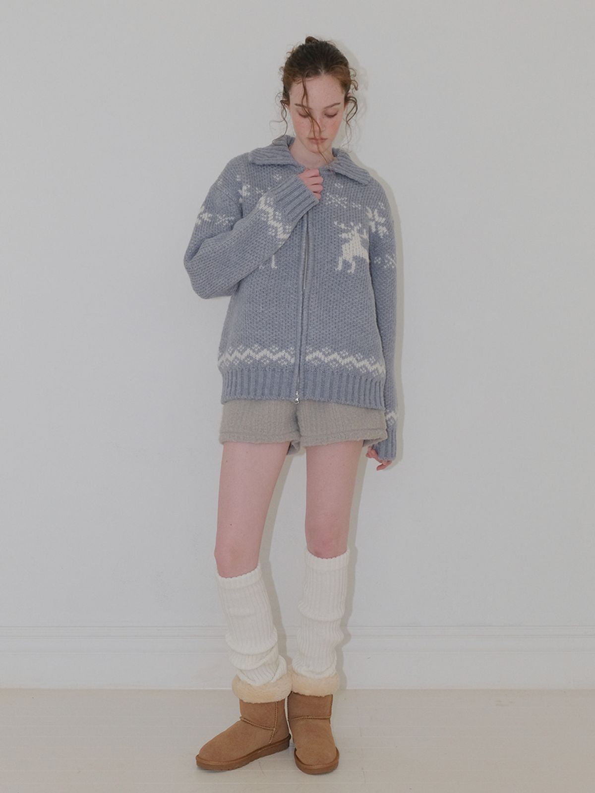 에트몽(ETMON) Deer Zip-Up Cardigan, Greyish Blue