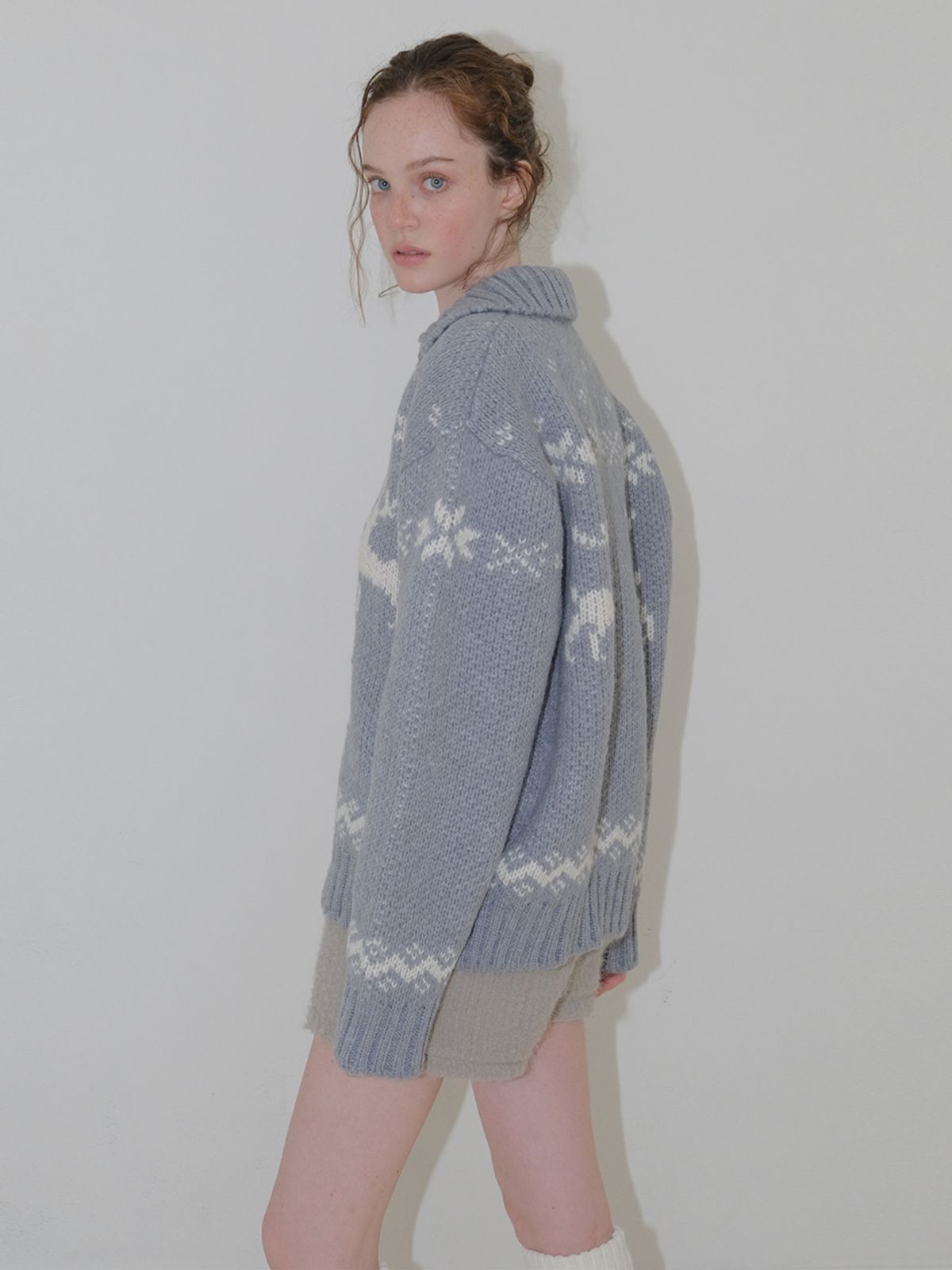 에트몽(ETMON) Deer Zip-Up Cardigan, Greyish Blue
