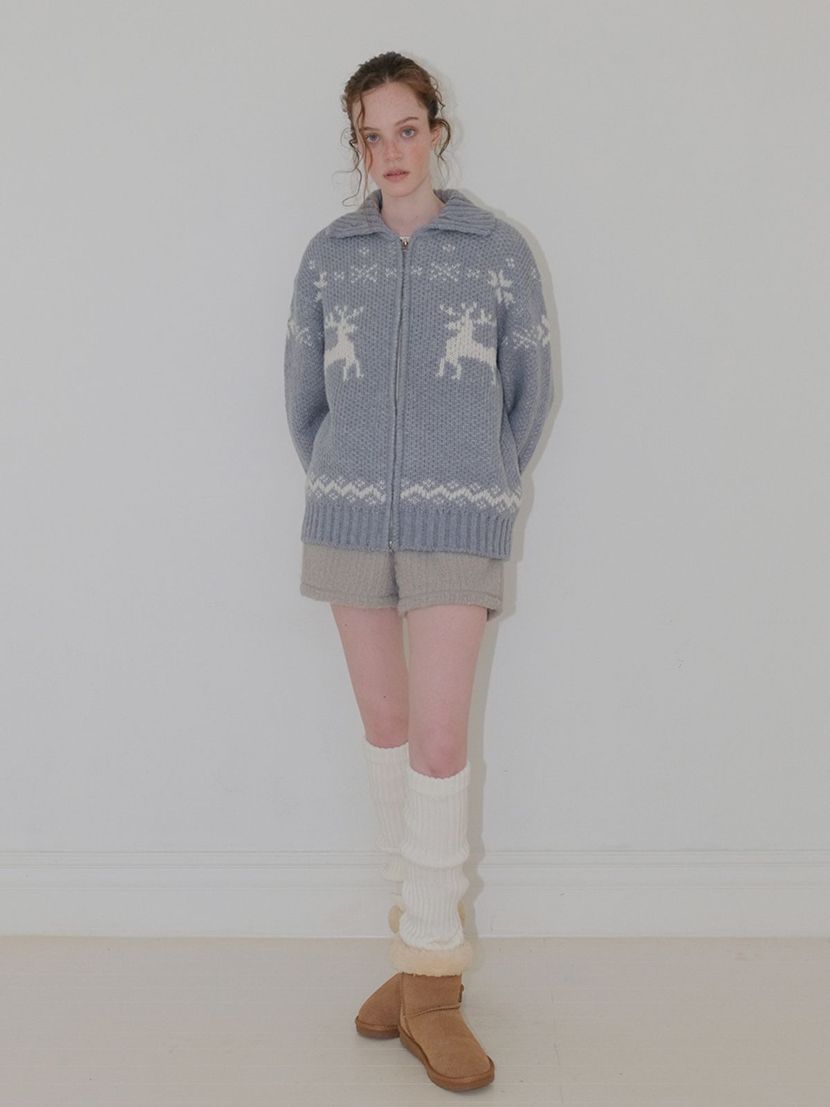 에트몽(ETMON) Deer Zip-Up Cardigan, Greyish Blue
