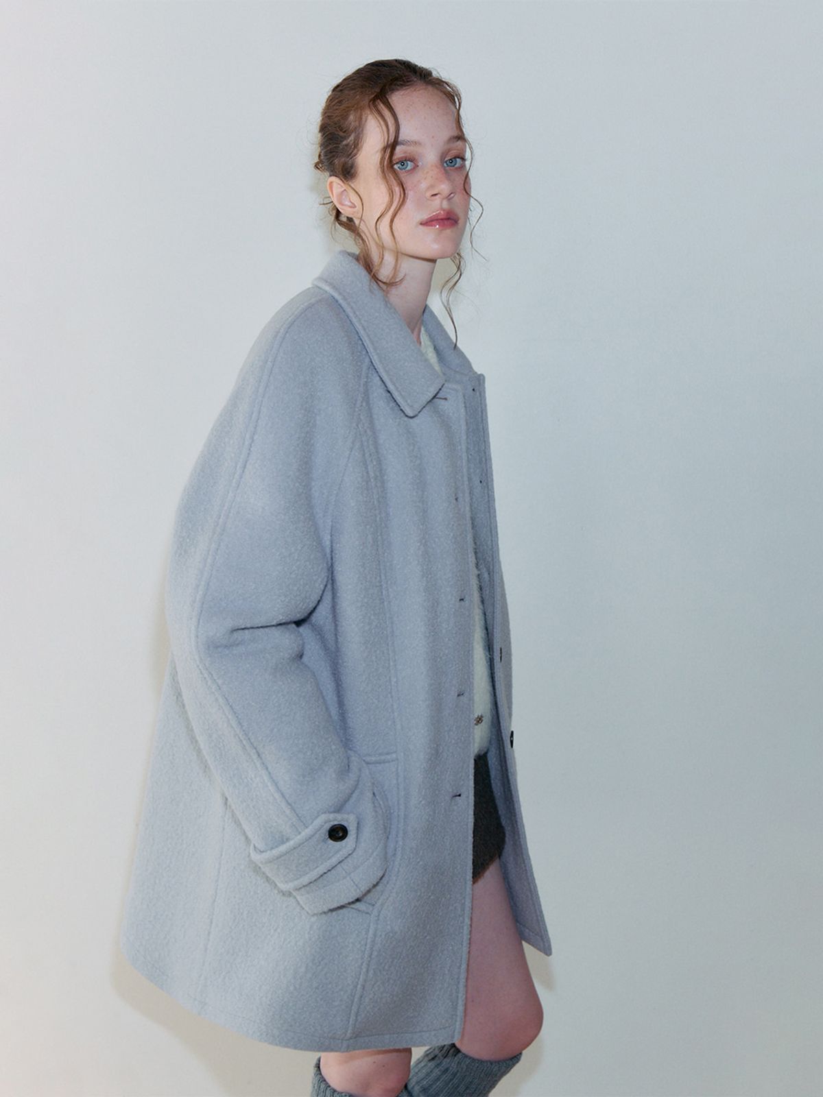 에트몽(ETMON) Boucle Stitch Half Coat, Light Blue