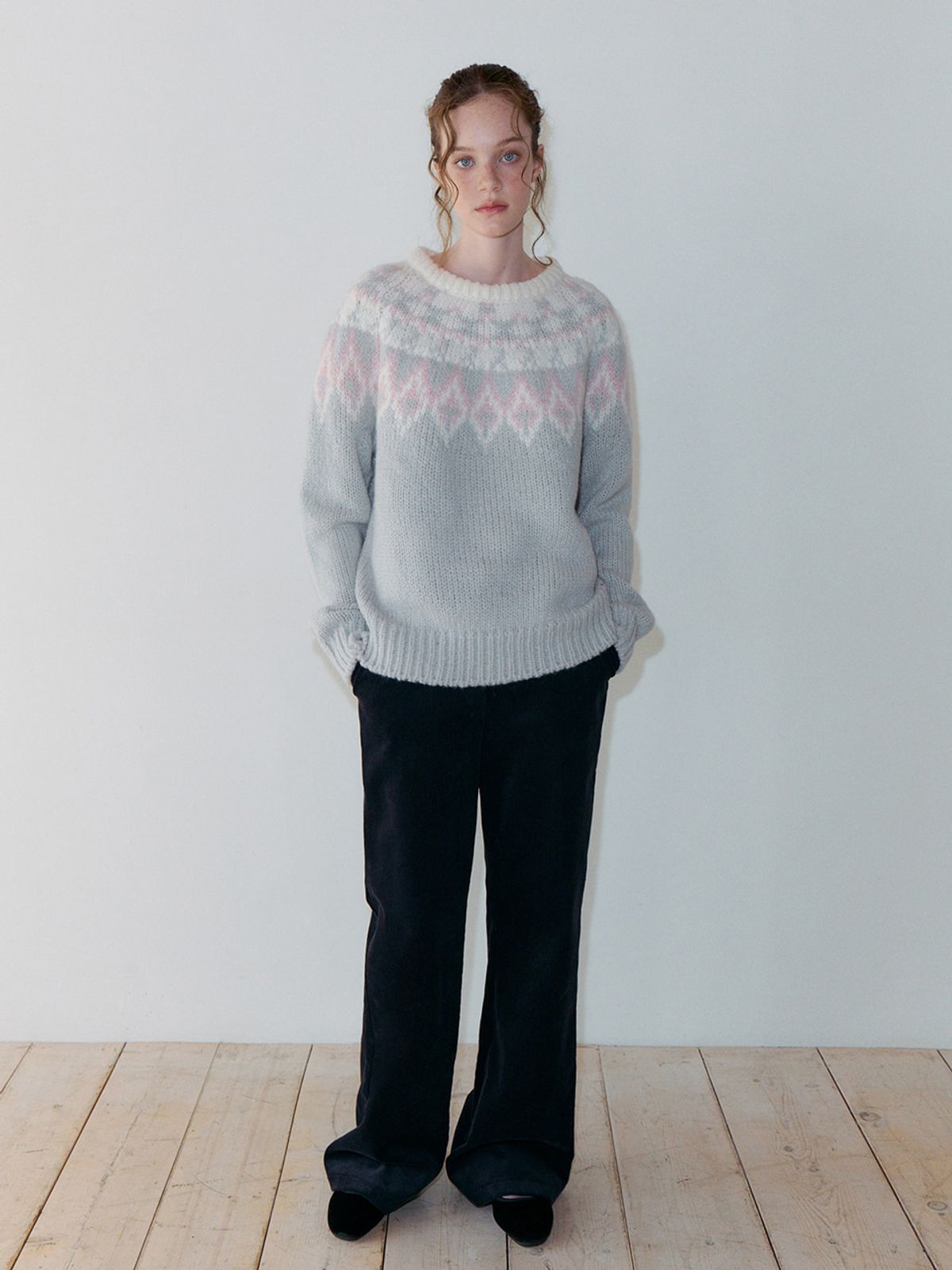 에트몽(ETMON) Nordic Round Knit Pullover, Light Grey