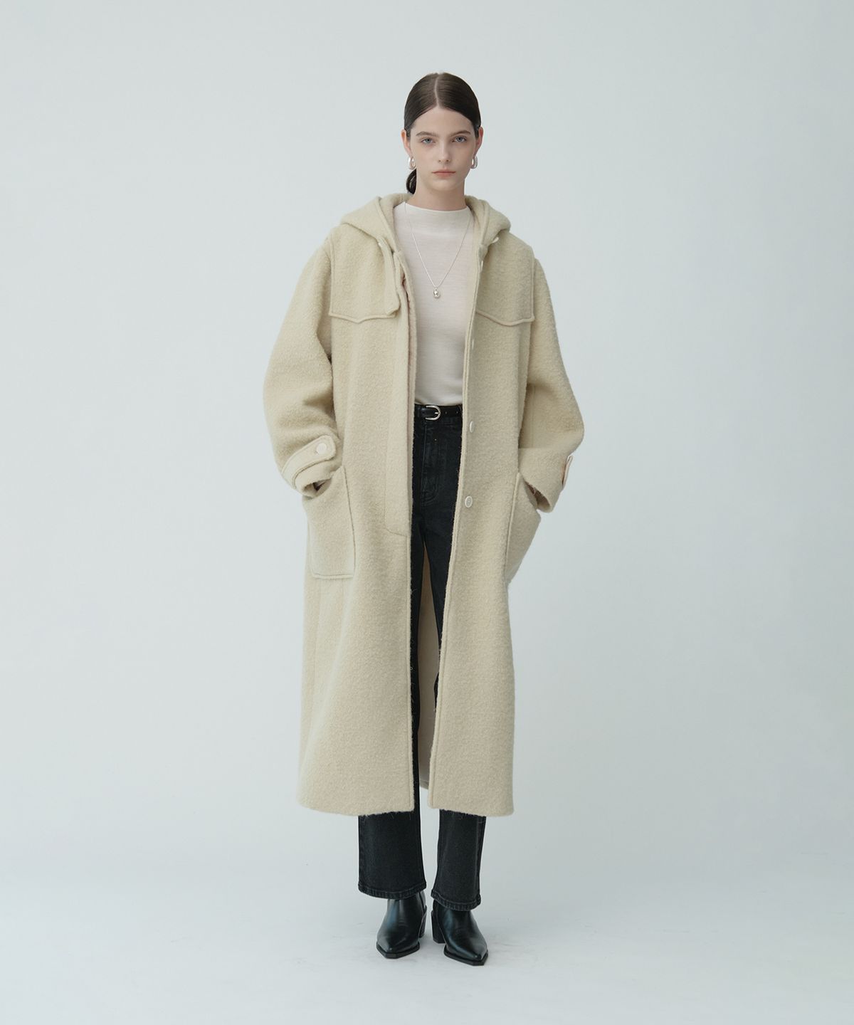 뮤제(MUSEE) OCRE Alpaca Boucle Wool Hooded Long Coat_Butter