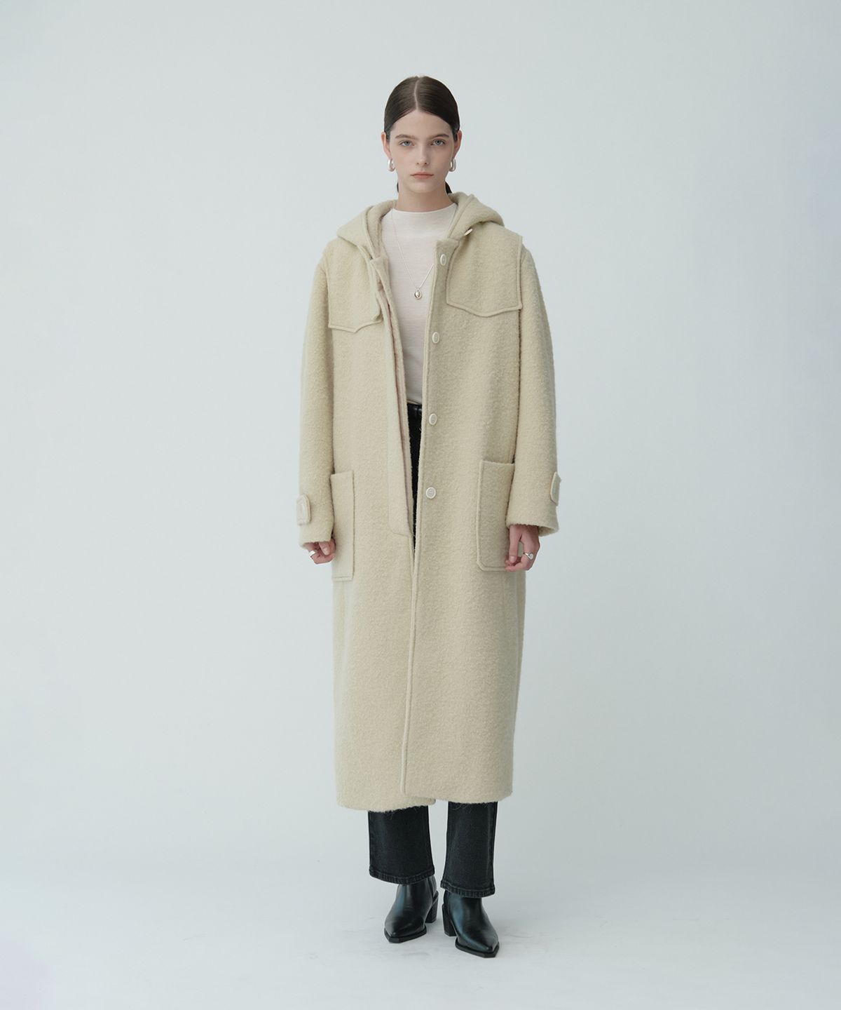 뮤제(MUSEE) OCRE Alpaca Boucle Wool Hooded Long Coat_Butter