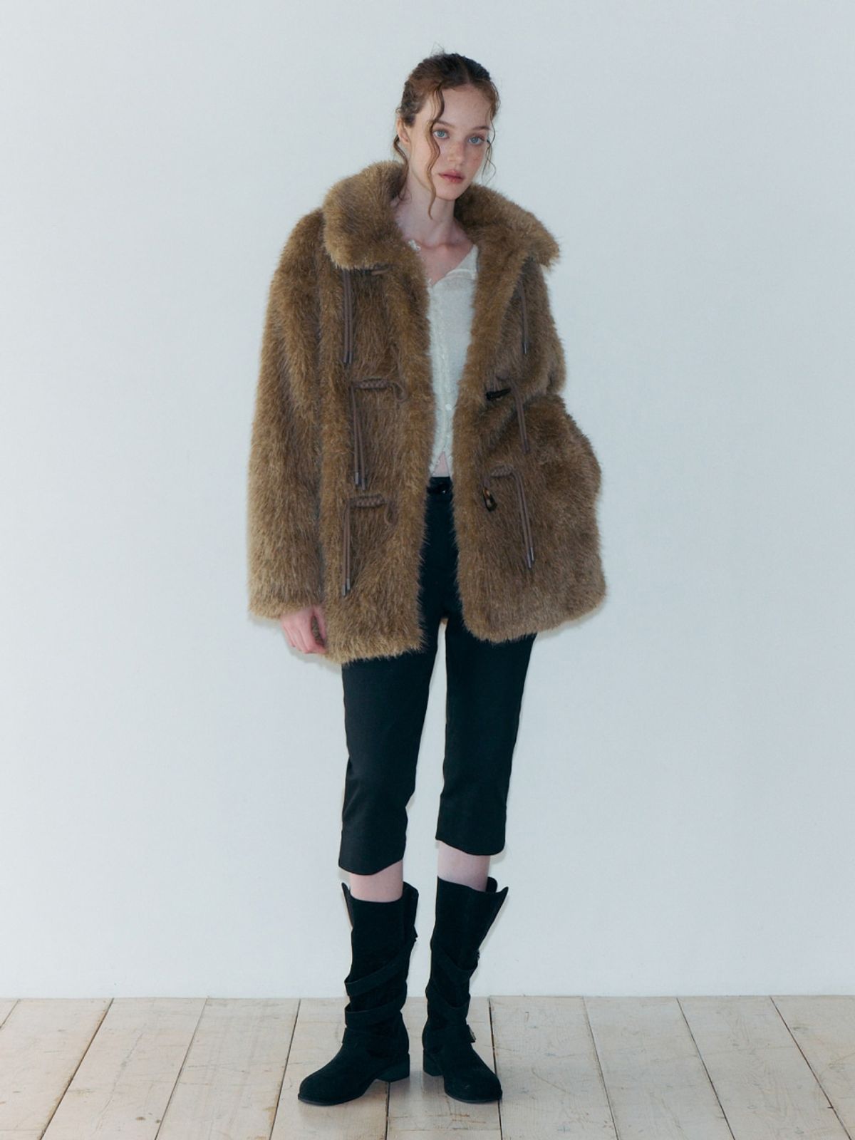 에트몽(ETMON) Duffle Fur Half Coat, Khaki Brown