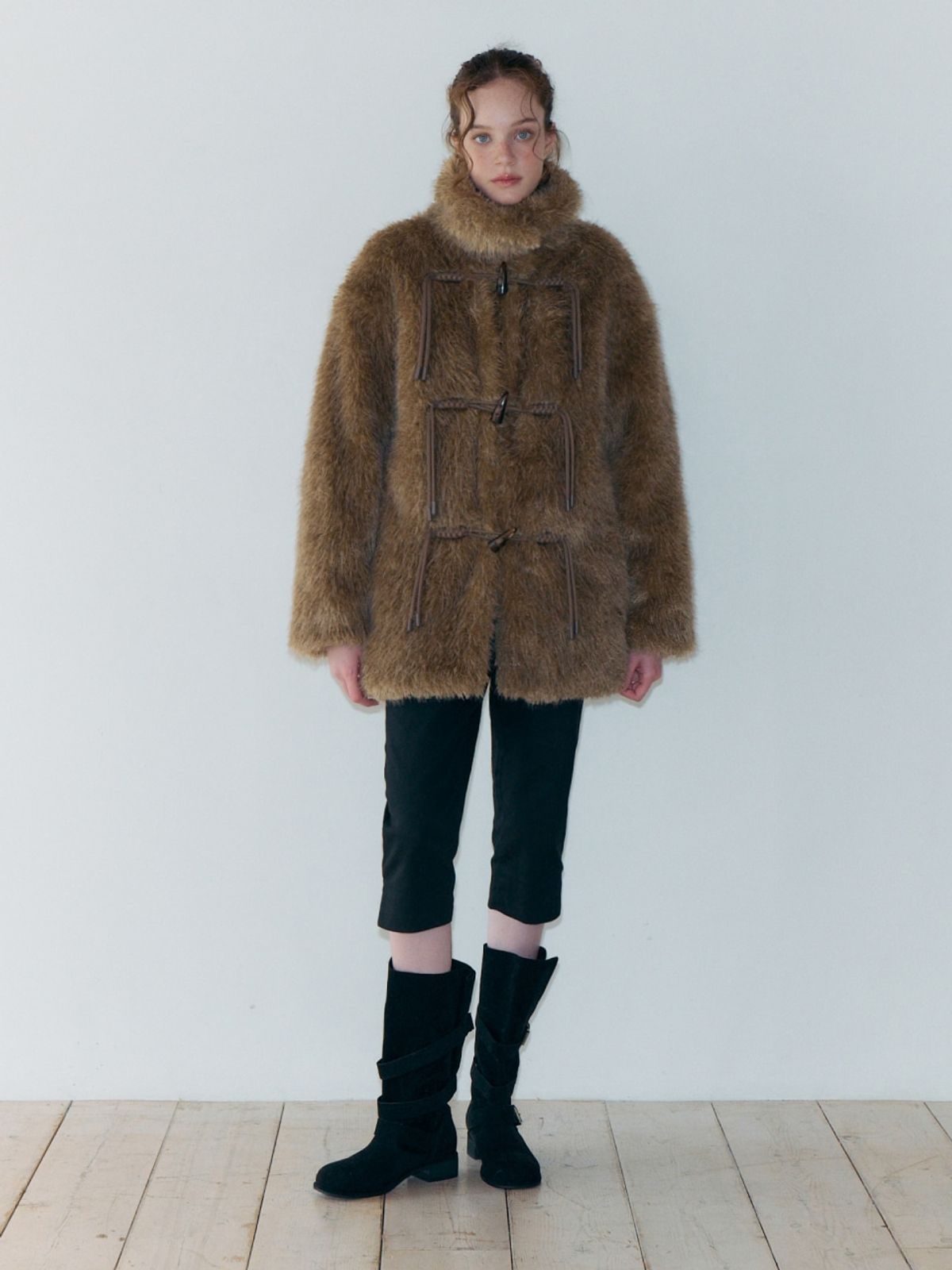 에트몽(ETMON) Duffle Fur Half Coat, Khaki Brown